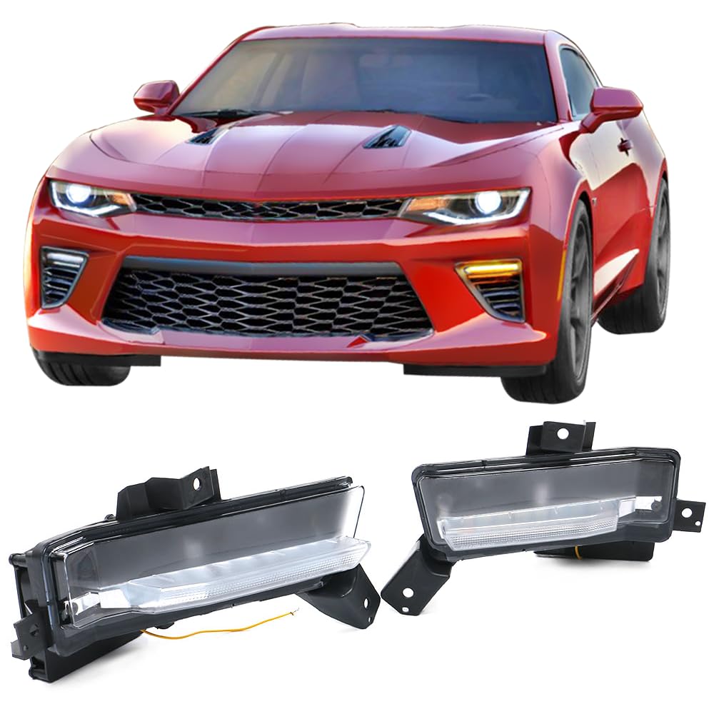 IKON MOTORSPORTS Fog Lights for 2016-2018 Chevy Camaro SS - DRL Daytime Running Lights with Clear Lens & Yellow Turn Signal - 2PC ABS PC - Perfect for Night Driving & Enhanced Visibility