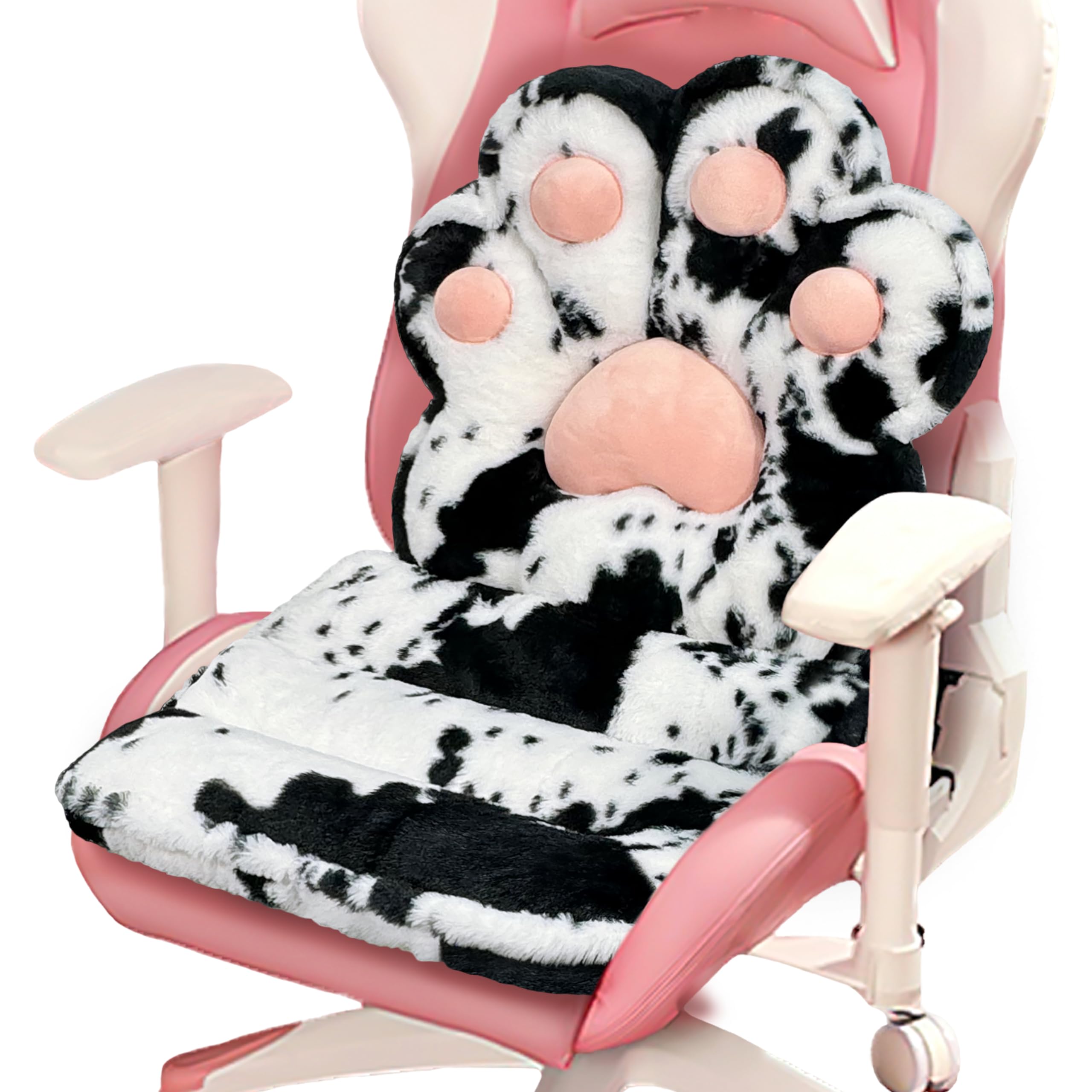 L-Shaped Cat Paw Cushion - Soft Faux Rabbit Fur Gaming Chair Pillow, Kawaii Office Desk Cushion, Plush Seat Pad for Home Decor & Room Aesthetics - Perfect for Gaming Setups, Workstations & Cozy Living Spaces (Cow Print)
