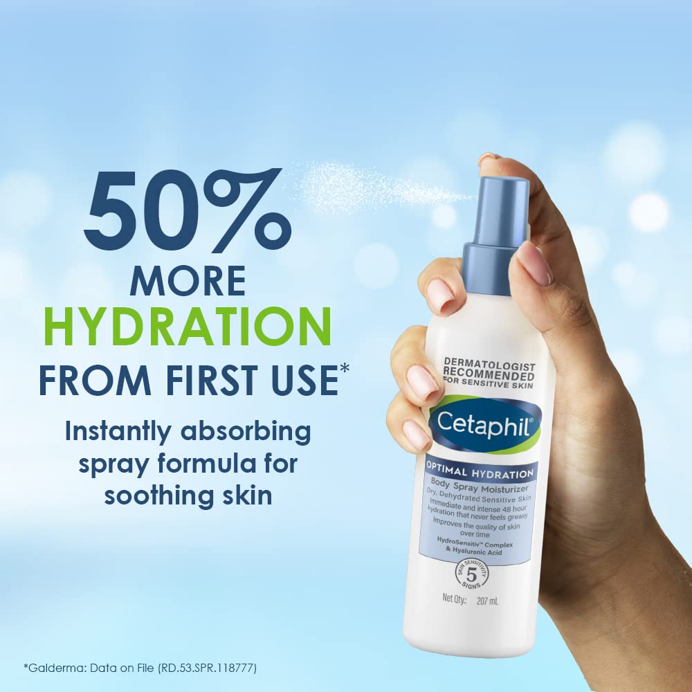 Cetaphil Optimal Hydration Body Spray Moisturizer 207ml - Lightweight Non-Greasy Face & Body Moisturizer with Hyaluronic Acid, Sunflower Oil & Blue Daisy Extract | Hydrating Skincare for Dry Skin, Post-Workout & Daily Use