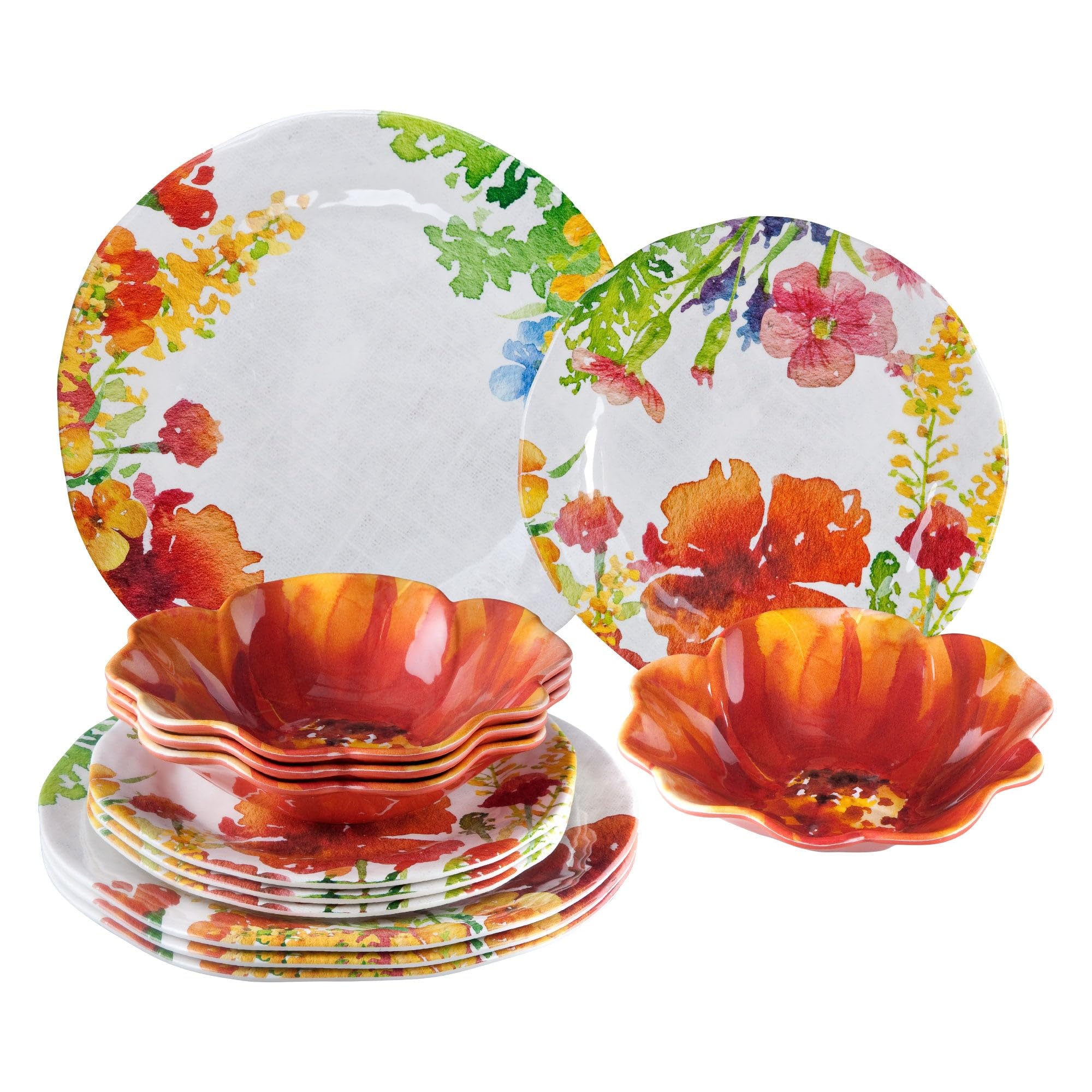 UPware 12-Piece Melamine Dinnerware Set - 4 Dinner Plates, 4 Salad Plates & 4 Bowls, Durable Unbreakable Dish Set for Outdoor Dining, Camping, Picnics & Everyday Use (Floral Design)
