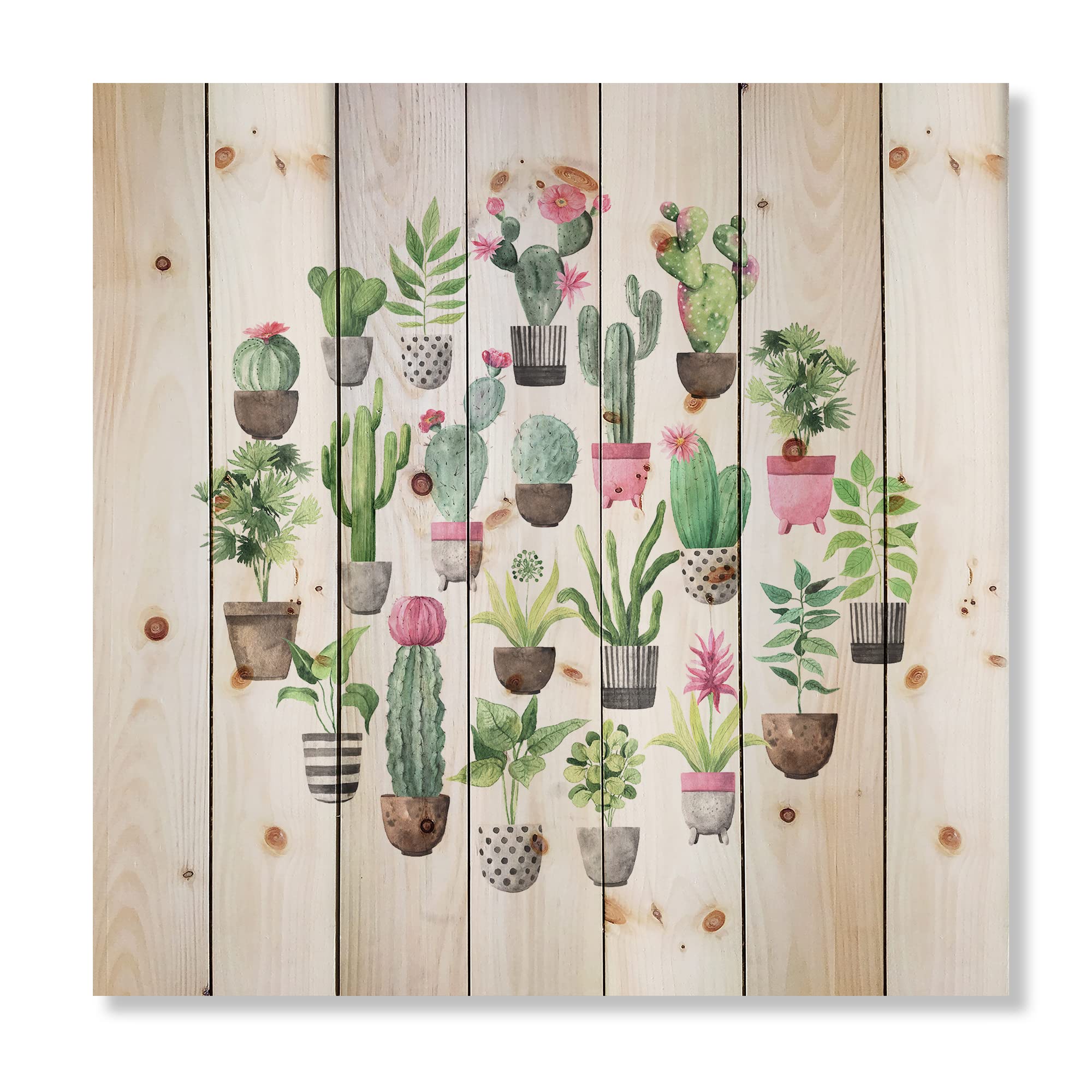 DesignQ Cacti in Ceramic Pots - Gentle Tone Botanical Wall Art Print on Natural Pine Wood | Perfect for Home, Office & Boho Decor