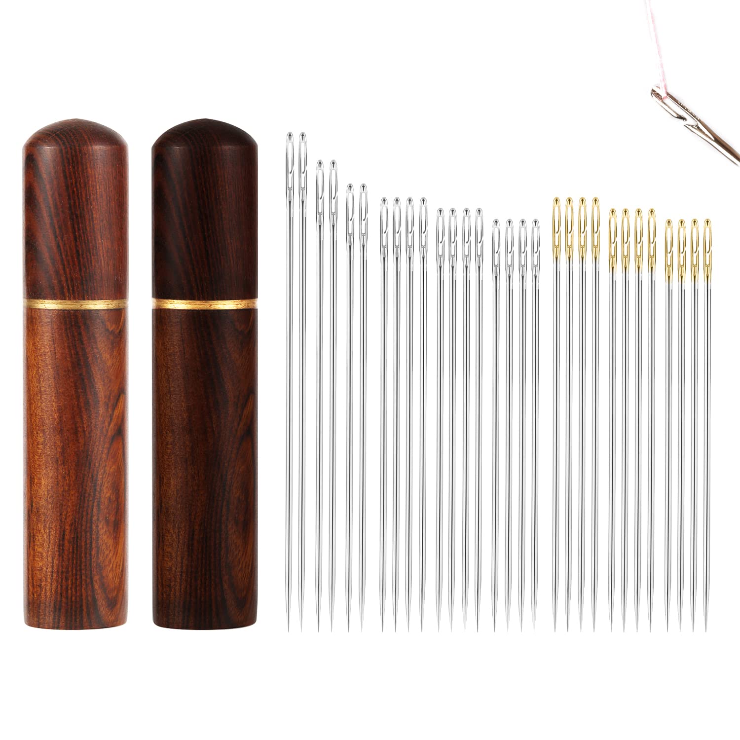 30pcs Assorted Self-Threading Hand Sewing Needles Kit with 2 Wooden Storage Cases - Easy Thread Side Needles for DIY Embroidery, Quilting & Fabric Crafts - Perfect for Home Sewing Projects & Travel Sewing Kits