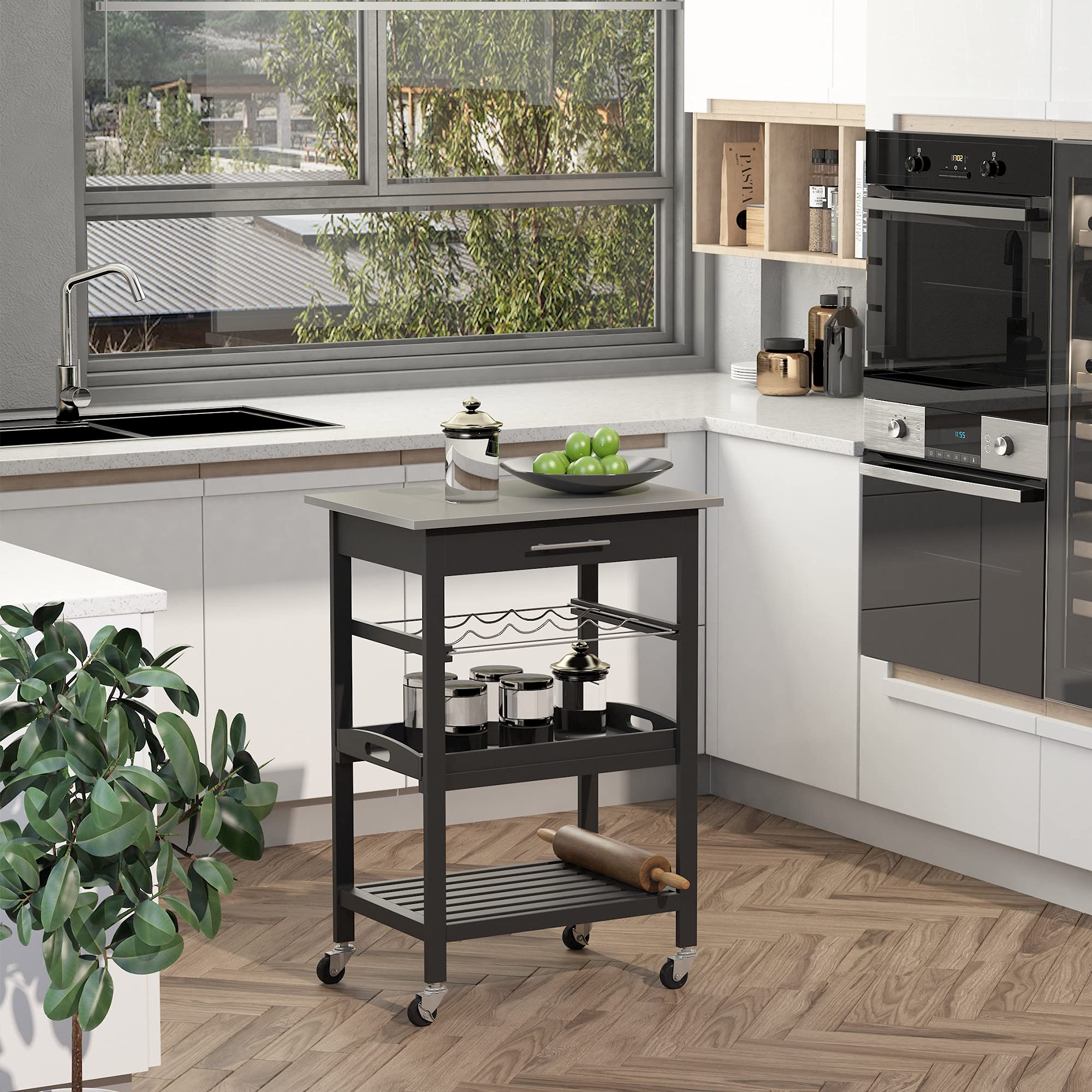 HOMCOM Kitchen Island Cart with Stainless Steel Tabletop, Wine Rack & Drawer - Rolling Utility Serving Trolley for Kitchen, Dining Room & Bar Use