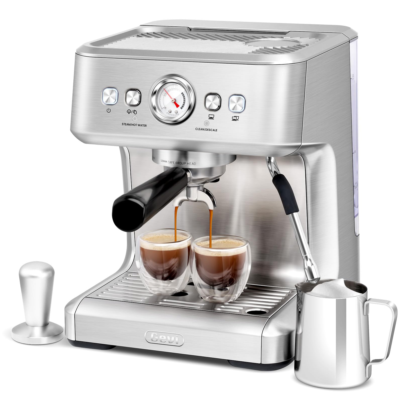 Gevi EzBru 1000C 20 Bar Professional Espresso Machine with Pressure Gauge & Milk Frother - Adjustable Temperature & Shot Volume for Latte, Cappuccino - Perfect for Home Baristas & Coffee Shops