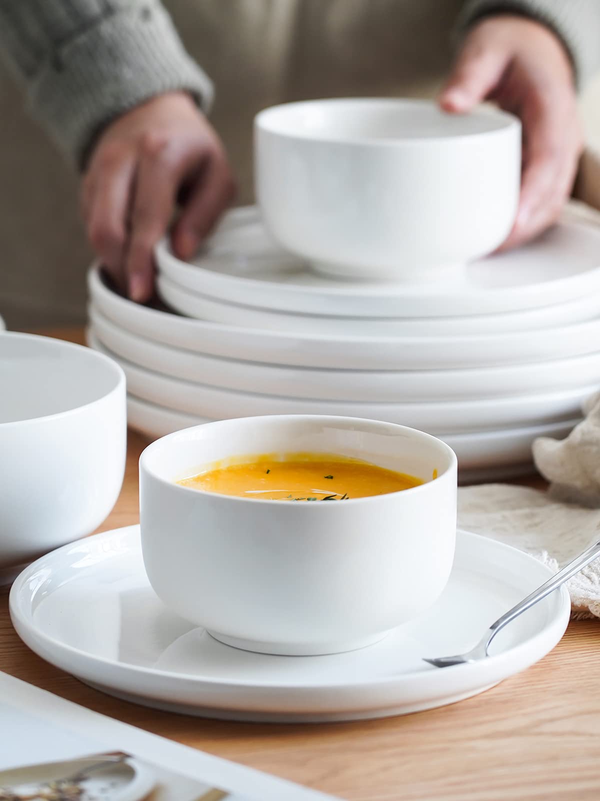 Kanwone 8 Inch Porcelain Dessert Salad Plates Set of 6 - Microwave & Dishwasher Safe White Modern Dinnerware - Perfect for Parties, Weddings, and Everyday Dining