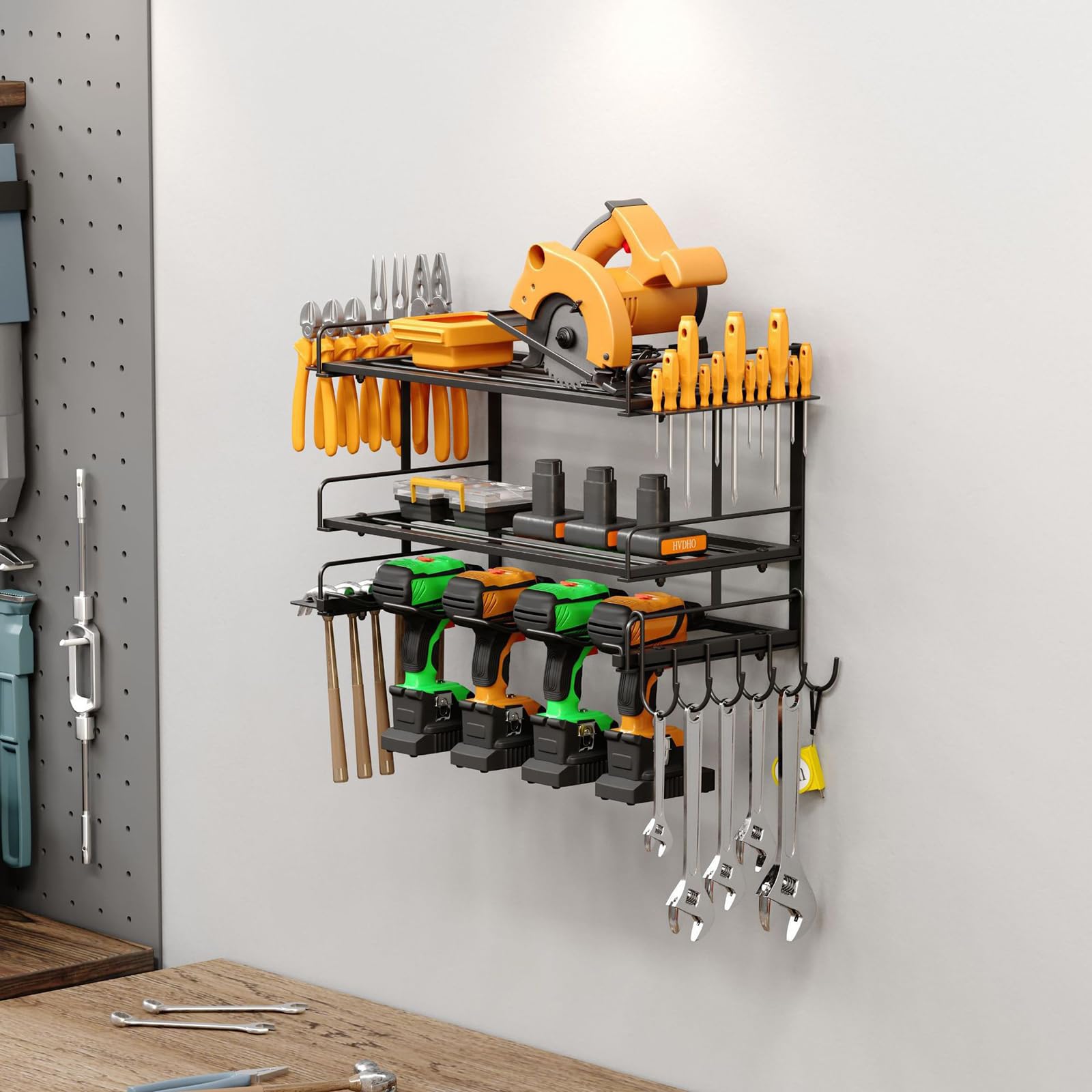 WYYHAA Power Tool Organizer Wall Mount - Heavy Duty Garage Storage with 3 Drill Holder, Screwdriver & Pliers Organizer | Perfect for Workshop, Garage & DIY Tool Organization