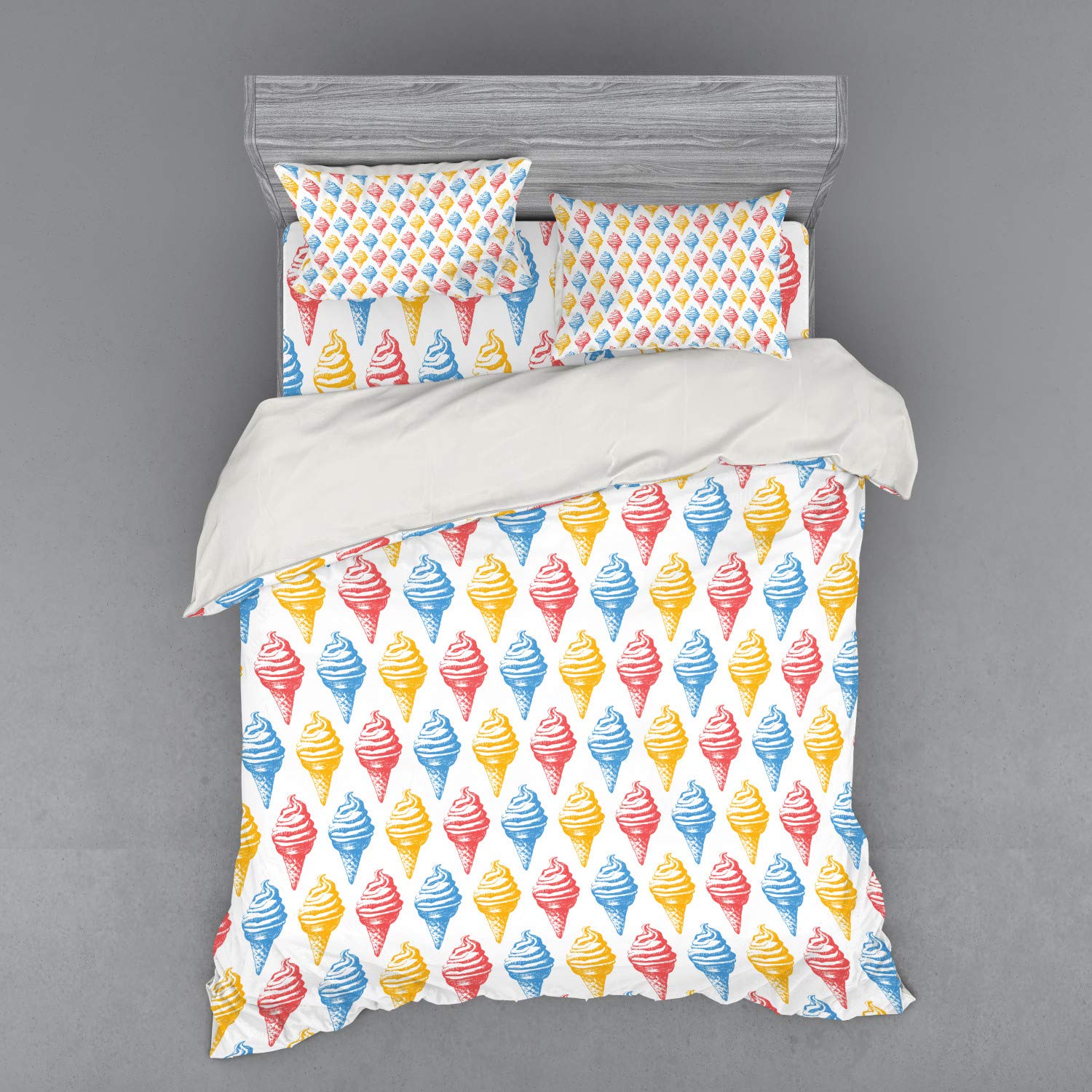 Ambesonne Retro Ice Cream Cones Duvet Cover Set - 4 Piece Queen Size Bedding with Shams & Fitted Sheet, 1950s Abstract Design in Vibrant Colors | Perfect for Vintage Themed Bedrooms, Teen Rooms & Ice Cream Lover Gifts