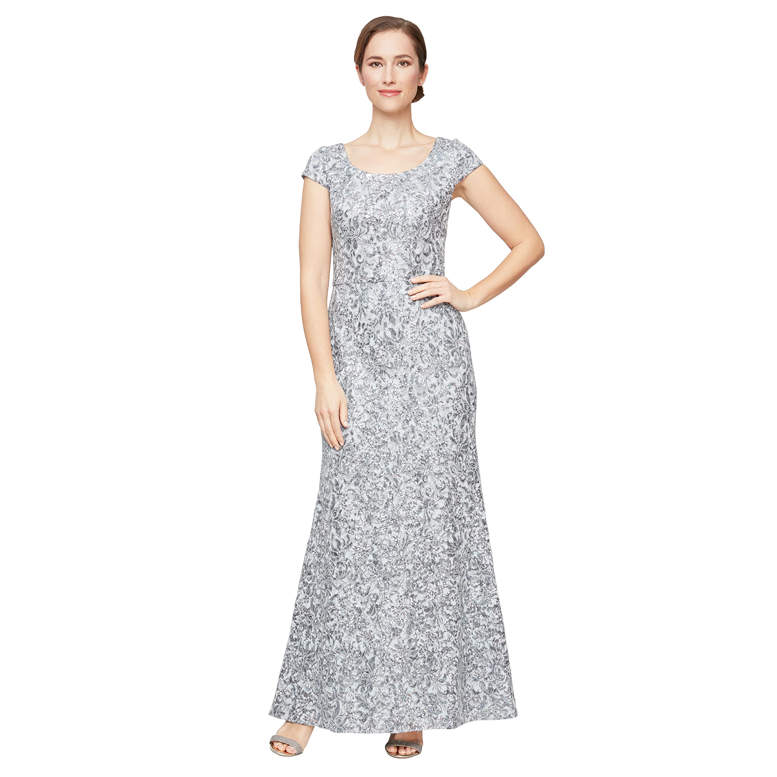 Alex Evenings Women's Long Embroidered Cap Sleeve Formal Dress for Weddings, Parties & Special Occasions