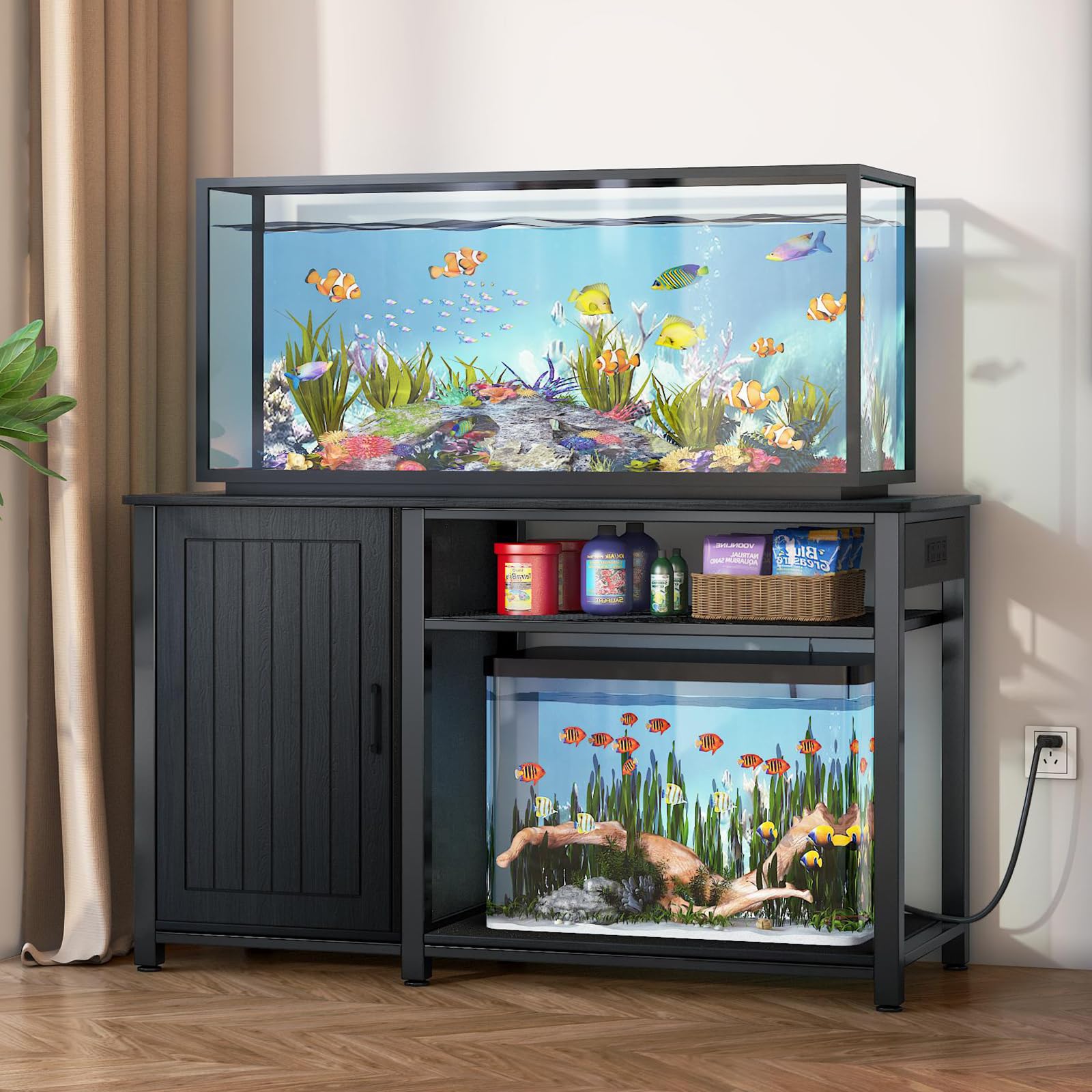 Tatub 55-75 Gallon Heavy Duty Metal Aquarium Stand with Power Outlets & Storage Cabinet - 860LBS Capacity Black Fish Tank Stand for Reptile Terrariums & Turtle Tanks - Perfect for Home, Office or Pet Store Displays