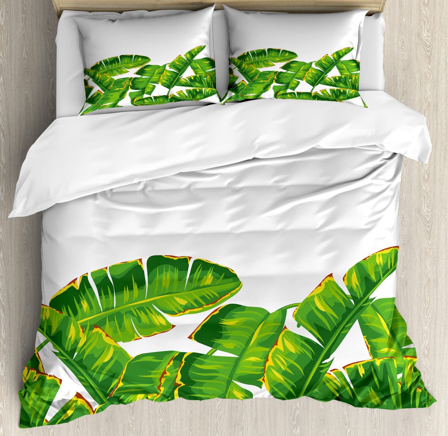 Ambesonne Tropical Leaves Duvet Cover Set - King Size 2-Pack with 2 Duvet Covers & 4 Pillowcases, Vibrant Hunter Green & Yellow Botanical Design for Bedroom Decor | Perfect for Summer, Desert Theme Rooms, and Nature-Inspired Home Styling