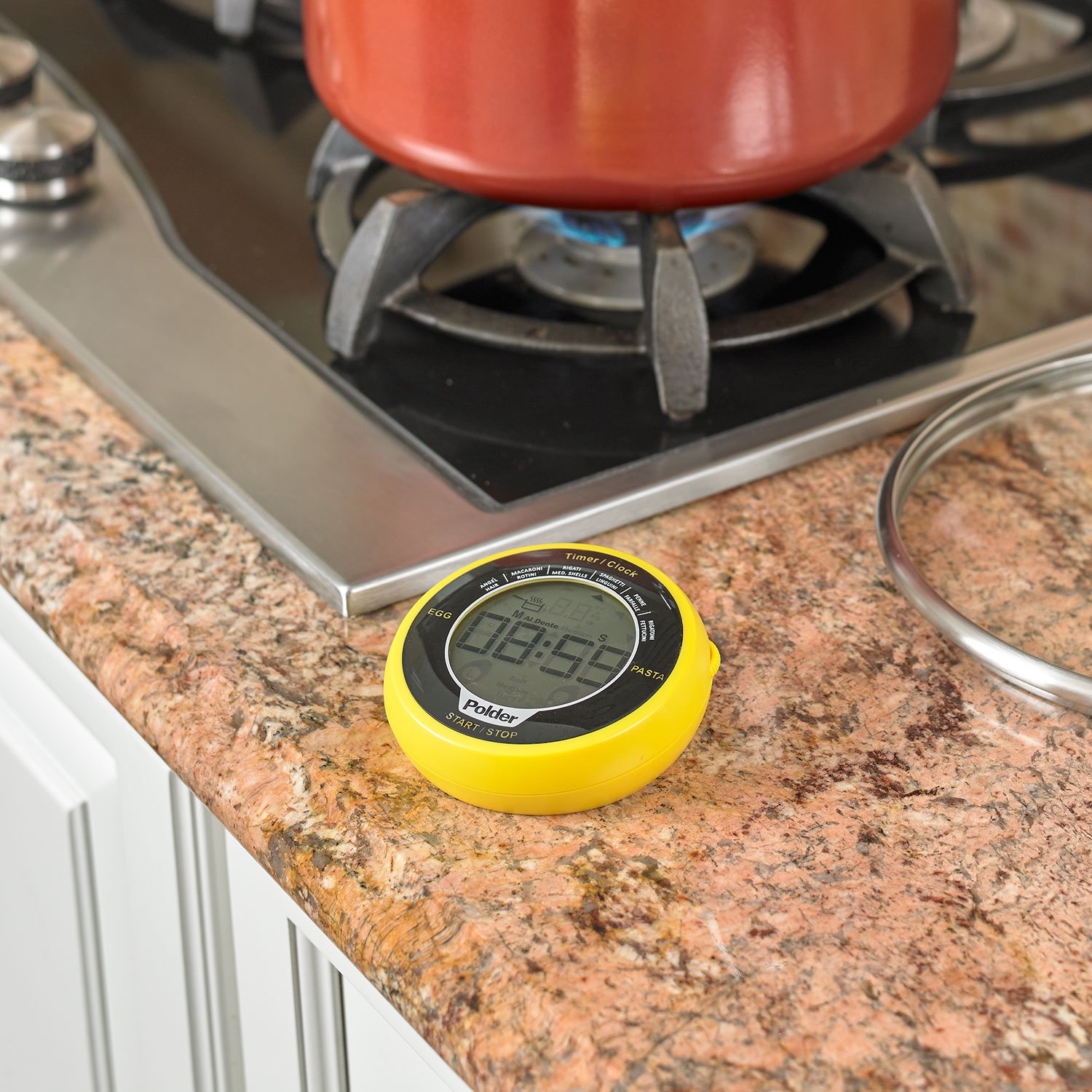 Polder Digital Egg and Pasta Timer with Preset Times & Built-in Clock - Yellow Kitchen Timer for Cooking, Baking, and Meal Prep - Perfect for Eggs, Pasta, Baking, and More