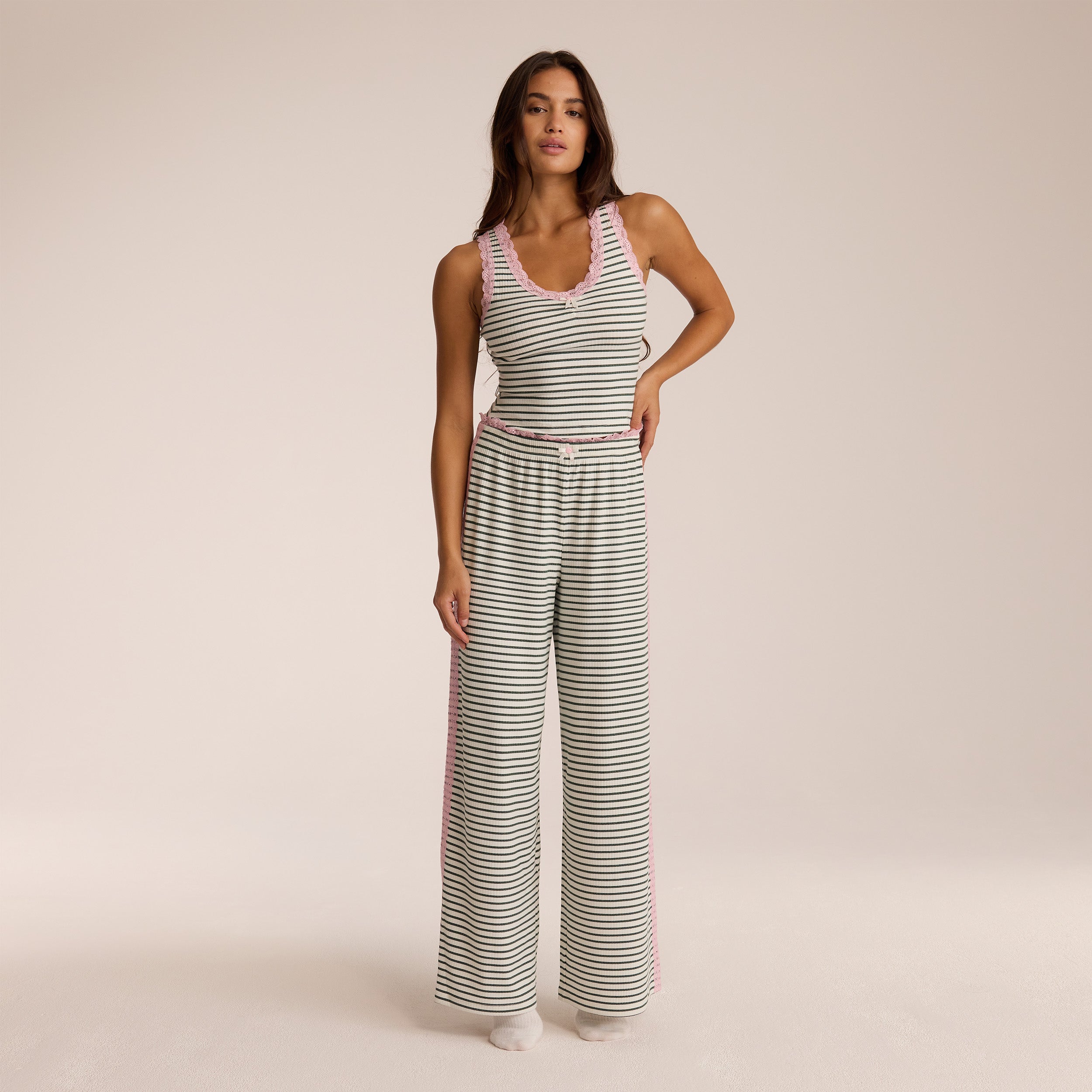 Green Stripe Lace Pajama Bottoms for Women - Soft & Comfortable Sleepwear for Nightwear, Lounge & Relaxation