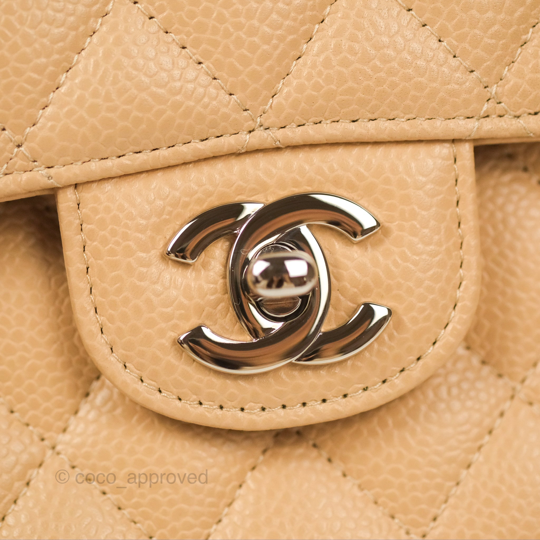 Chanel Classic Medium Double Flap Bag Quilted Beige Caviar Leather with Silver Hardware - Luxury Designer Handbag for Women, Perfect for Work, Evening & Special Occasions