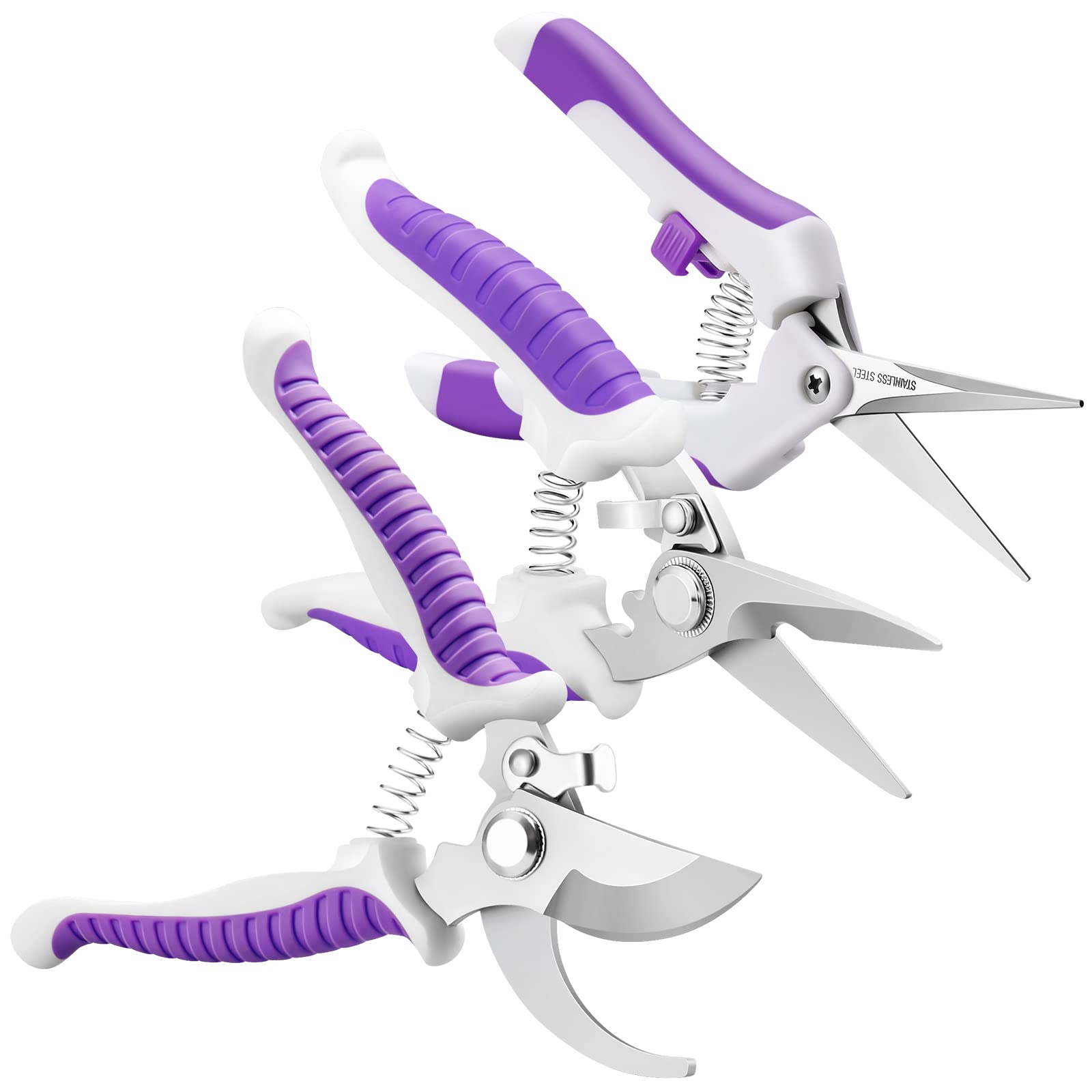 YANZI 3-Piece Garden Pruning Shears Set - Stainless Steel Bypass Hand Pruners, Tree Trimmers & Gardening Scissors for Plants, Flowers, Shrubs - Purple Gardening Tools Kit for Home Gardeners & Landscaping Professionals