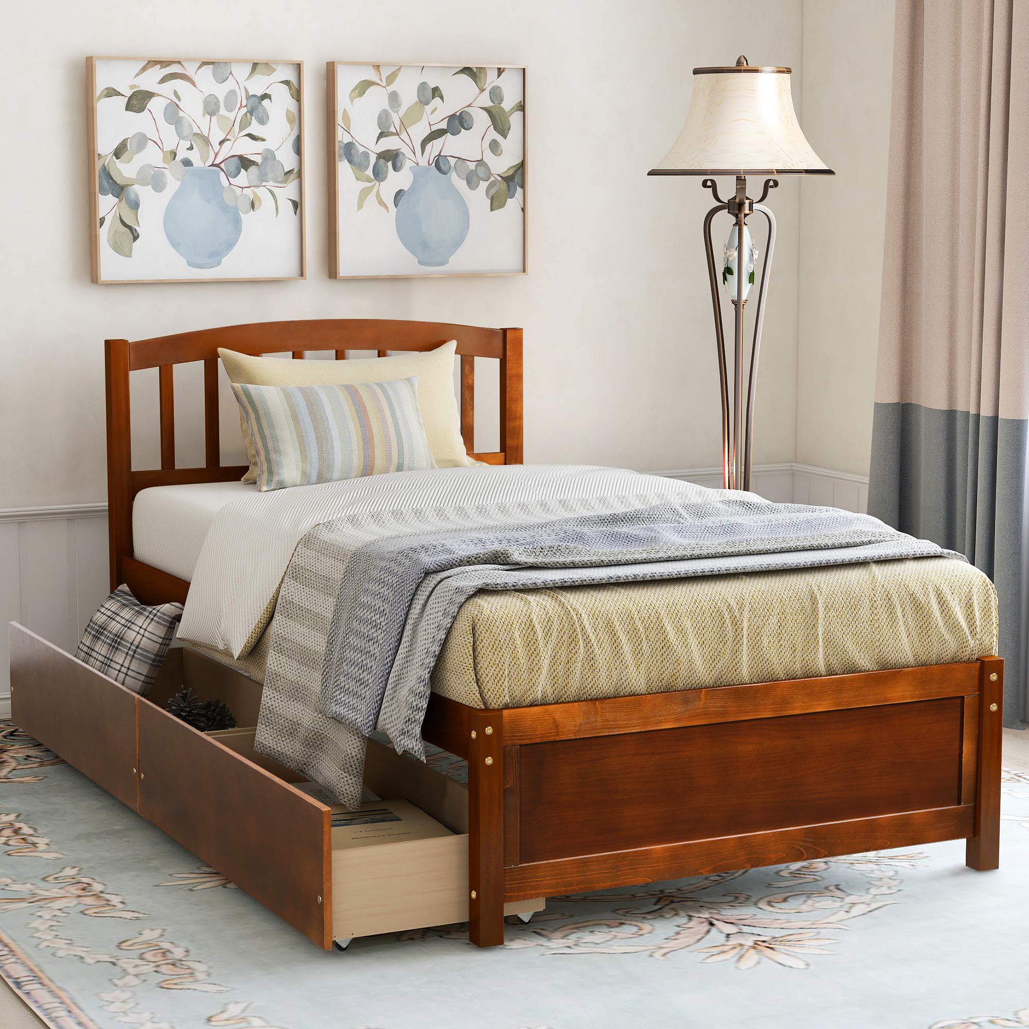 Merax Twin Size Platform Bed Frame with 2 Storage Drawers & Headboard - Solid Wood, Walnut Finish - Perfect for Small Bedrooms & Guest Rooms