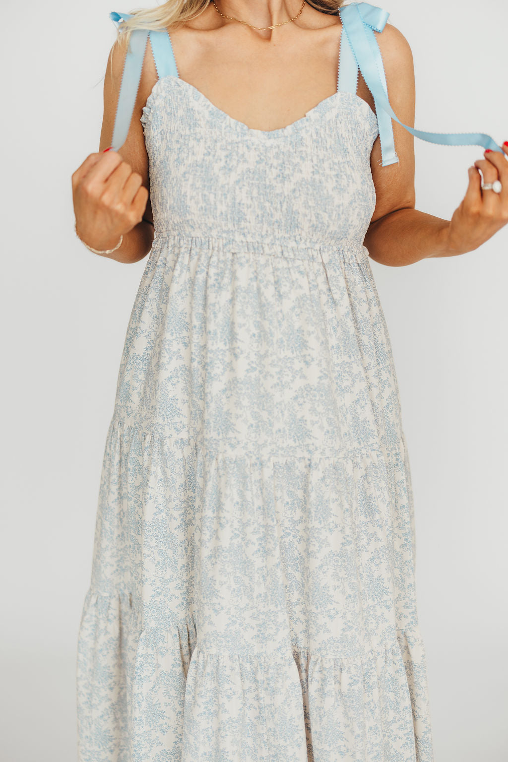 Lottie Blue Floral Tiered Maxi Dress - Women's Summer Boho Beach Dress for Vacation, Wedding & Party Wear