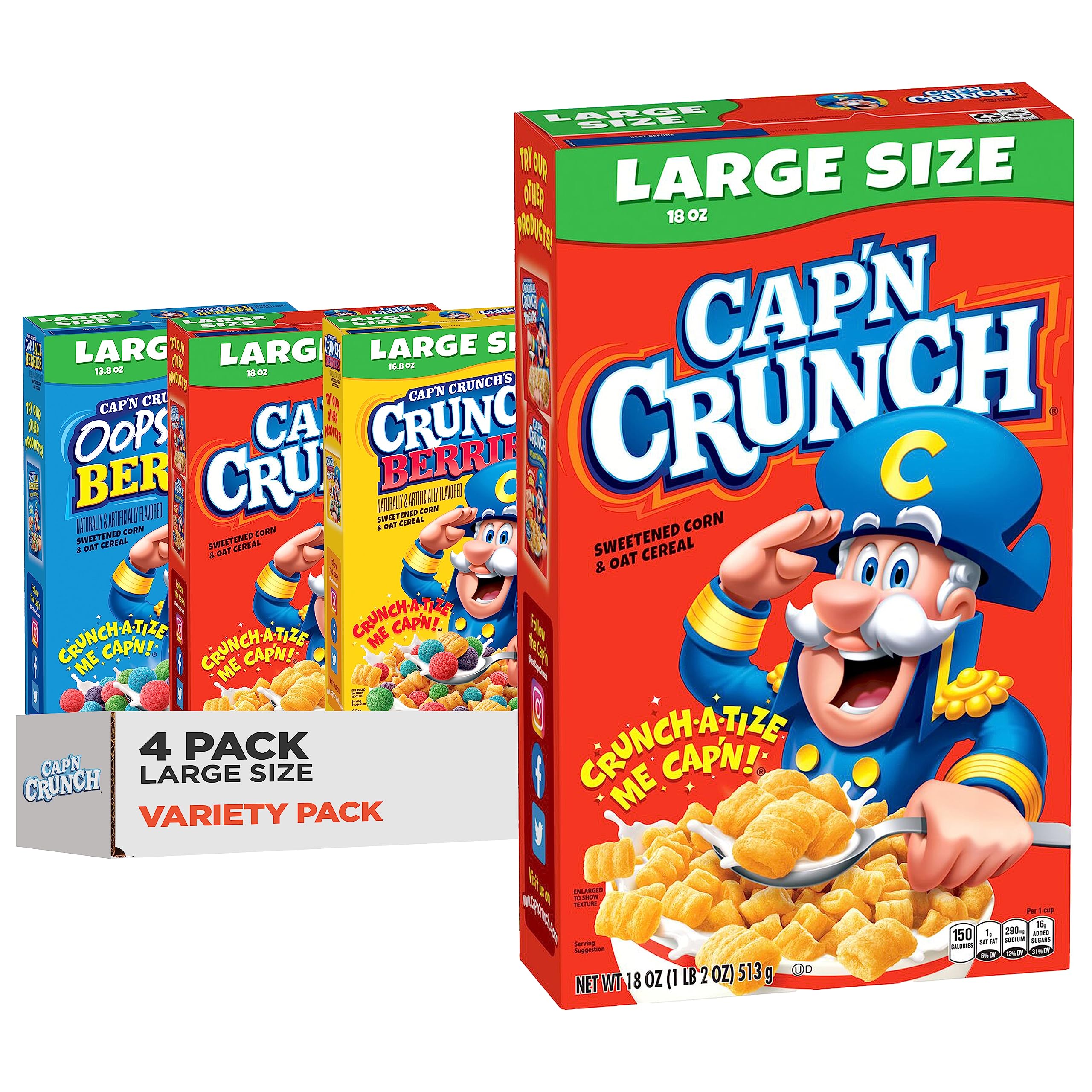 Cap'n Crunch Cereal Variety Pack - 3 Delicious Flavors in Large Size Boxes (4 Pack) | Perfect for Breakfast, Snacks & Family Sharing