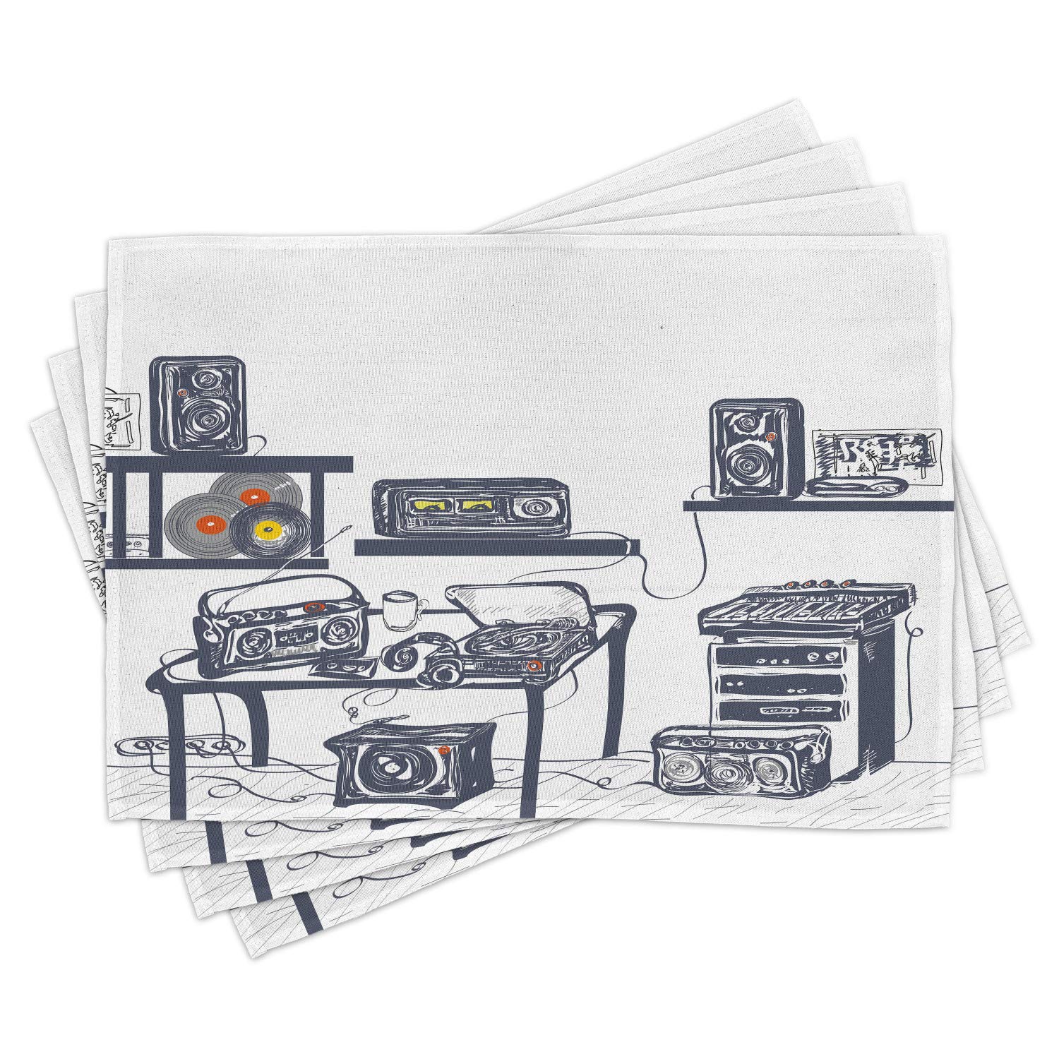 Ambesonne Modern Place Mats Set of 4 - Recording Studio Theme with Turntable, Records & Speakers Design - Washable Fabric Placemats for Dining Room & Kitchen Table Decor in Cadet Blue - Perfect for Dinner Parties, Music Lovers & Home Decor Enthusiasts