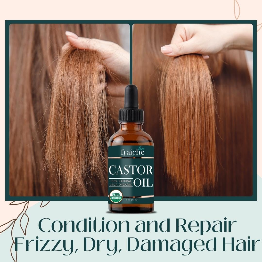 Organic Castor Oil for Eyelashes & Eyebrows Growth - 100% Pure Cold Pressed Hexane-Free (2oz) with Mascara Tube - USDA Certified by Live Fraiche - Natural Lash & Brow Serum for Thicker Hair - Perfect for Nighttime Treatment & Daily Conditioning