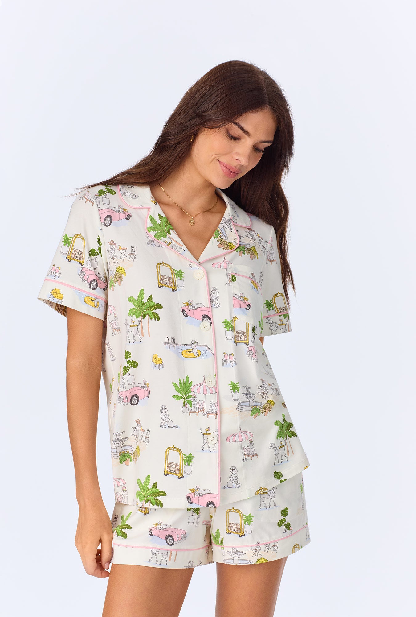 Poolside Poodles Short Sleeve Classic Stretch Jersey Pajama Set - Soft & Comfortable Sleepwear for Women, Perfect for Lounging, Sleepovers and Relaxing at Home