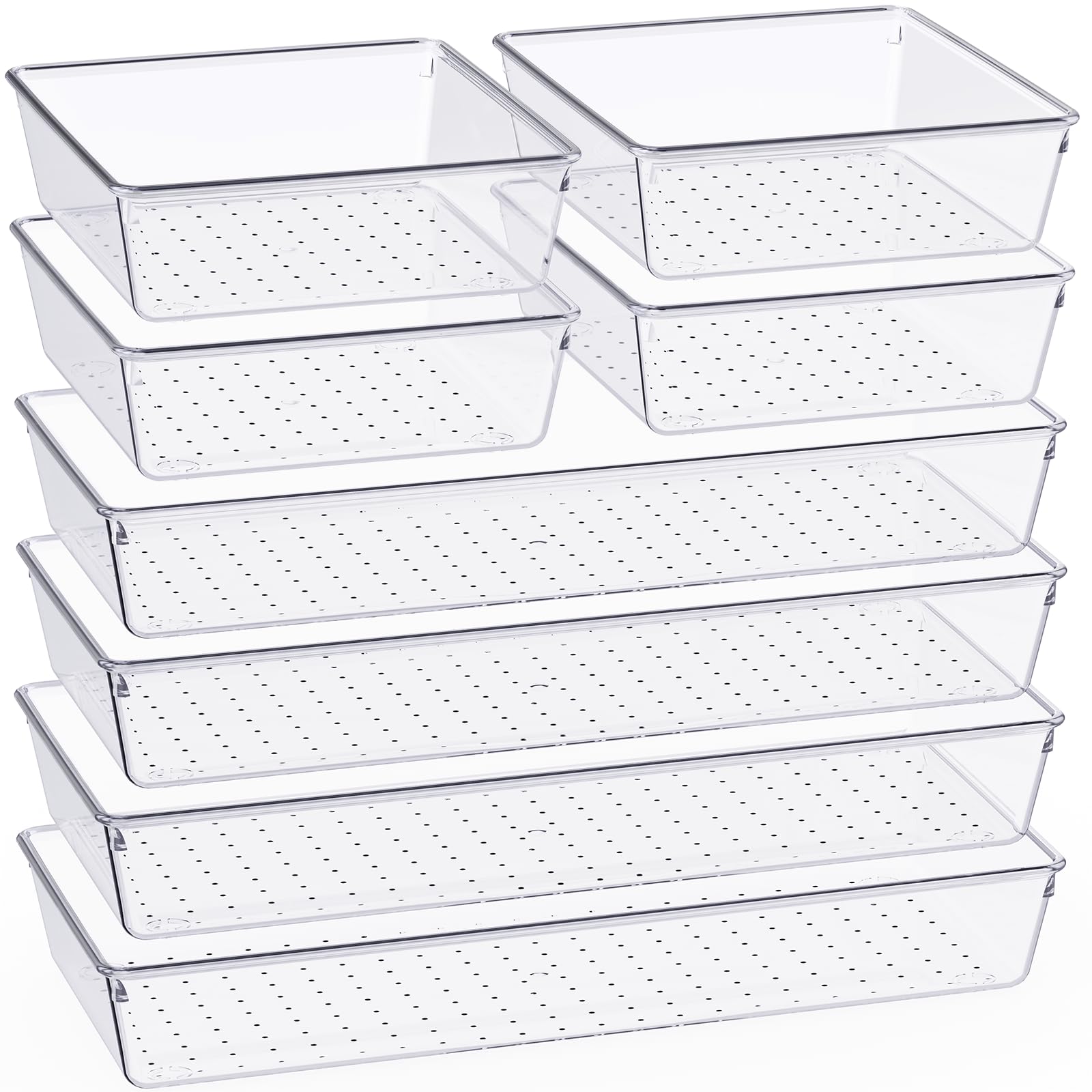 Criusia 8-Piece Clear Plastic Drawer Organizer Set - Bathroom Vanity Trays & Dividers for Makeup, Jewelry, Office Supplies | Non-Slip Storage Bins for Kitchen, Bedroom, Fridge & Desk Organization | Perfect for Home, Office & Travel Use