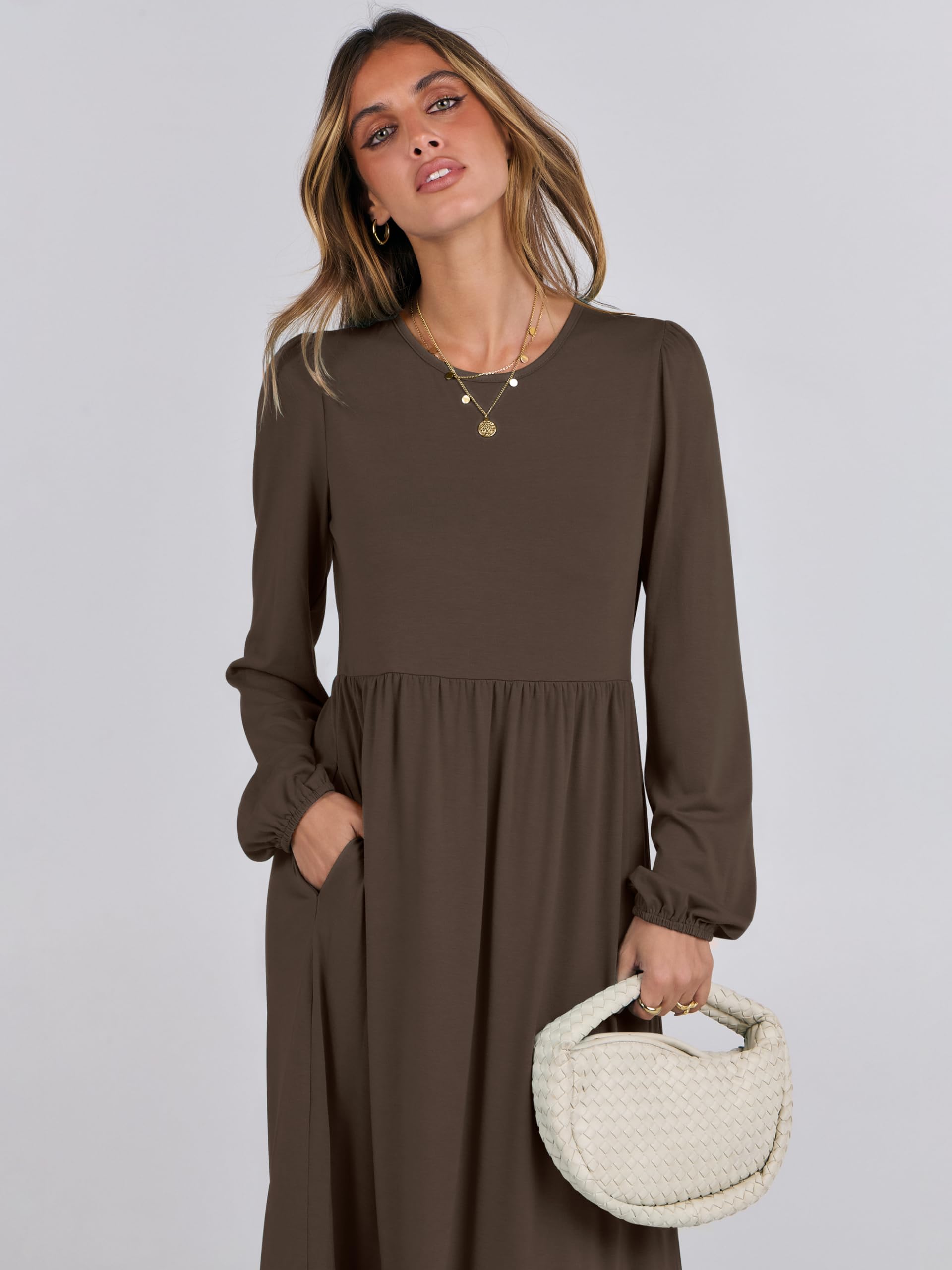 ANRABESS Women's Casual Long Sleeve Midi Dress - 2025 Spring Crewneck A-Line Tiered Flowy Loose Dress with Pockets | Trendy Everyday Wear for Work, Date & Vacation