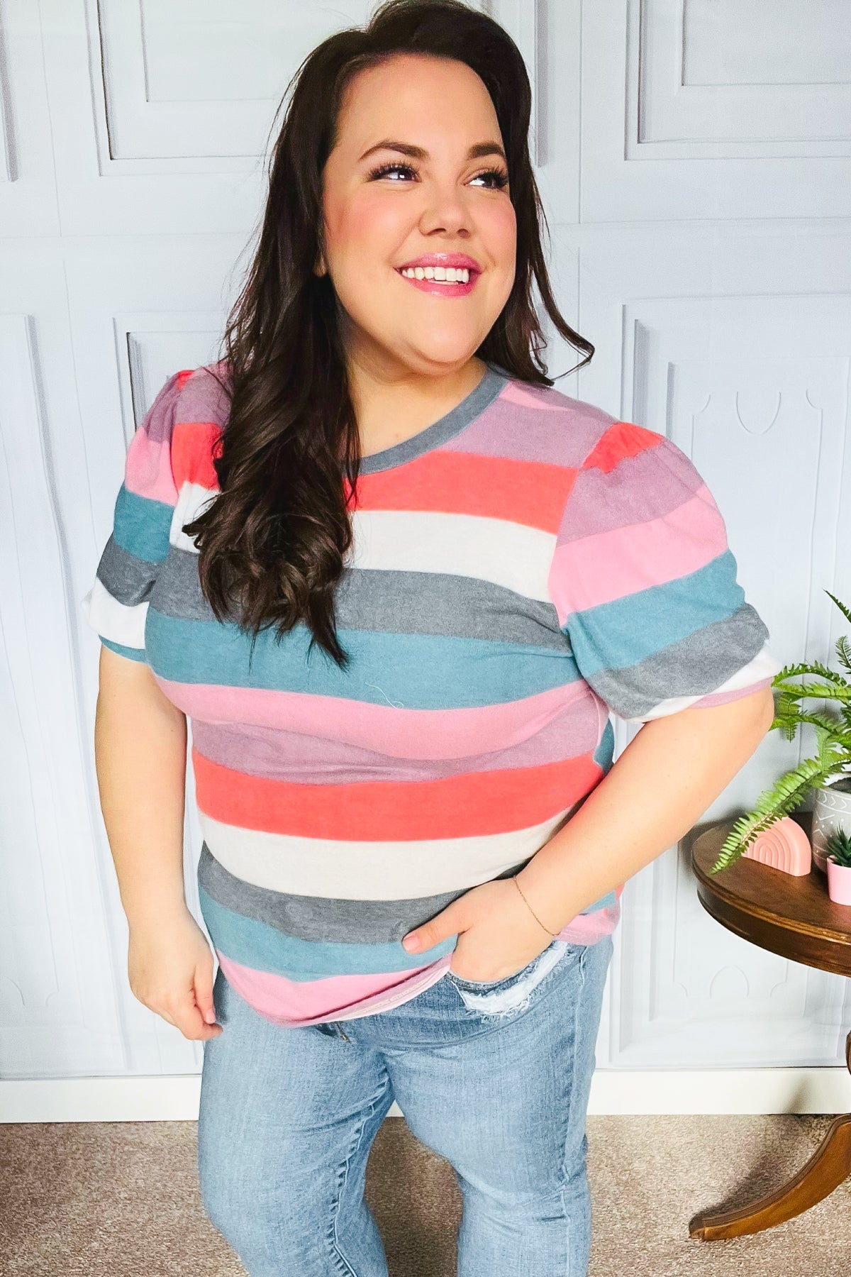 Look Out Teal & Rose Striped Hacci Knit Puff Sleeve Top | Women's Fashion Blouse | Casual & Party Wear | Perfect for Date Nights & Office Outfits