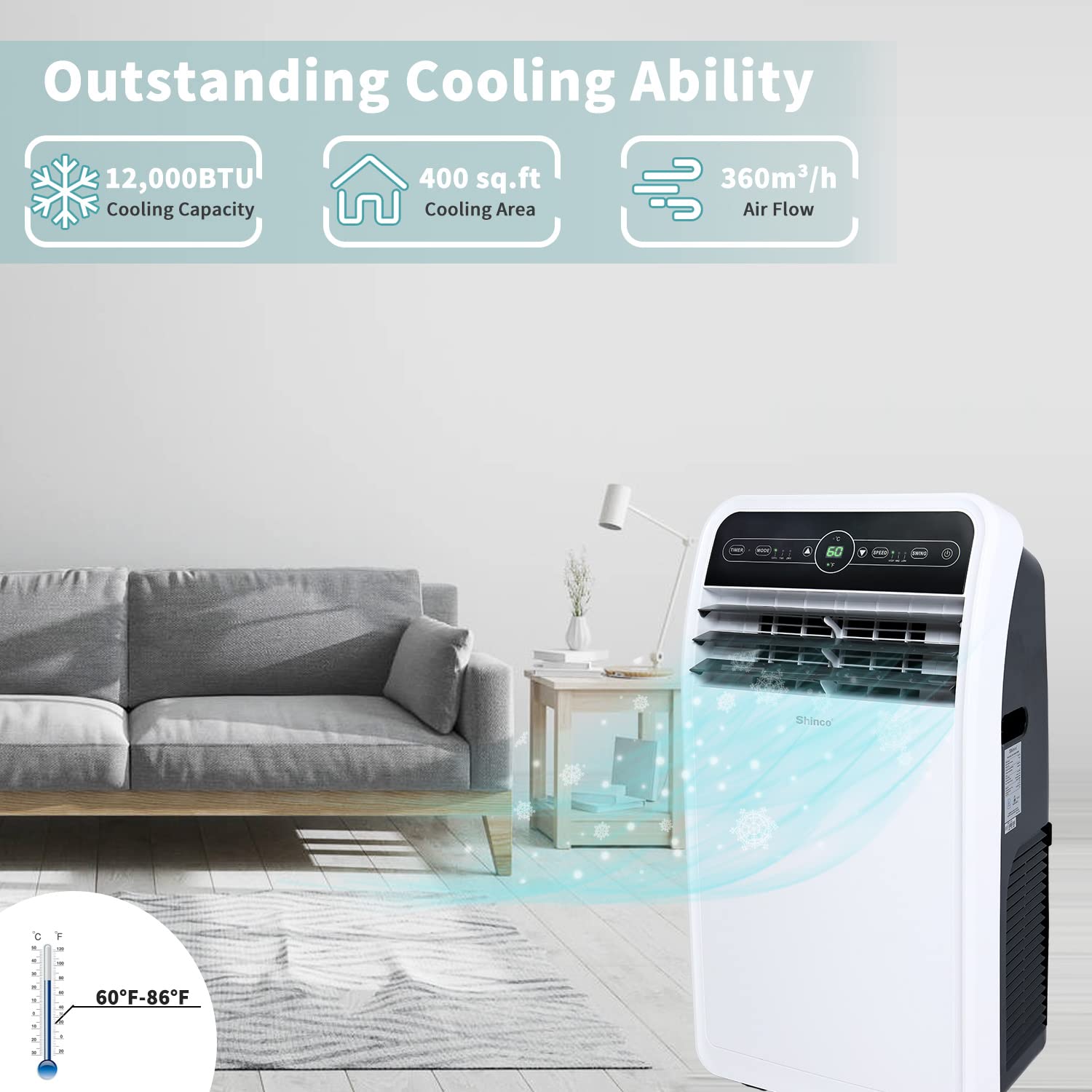 Shinco 12,000 BTU Portable Air Conditioner - 3-in-1 Cooling, Dehumidifier & Fan for Rooms up to 400 sq.ft - Includes Remote Control, 24H Timer & Installation Kit - Perfect for Bedrooms, Offices & Small Apartments
