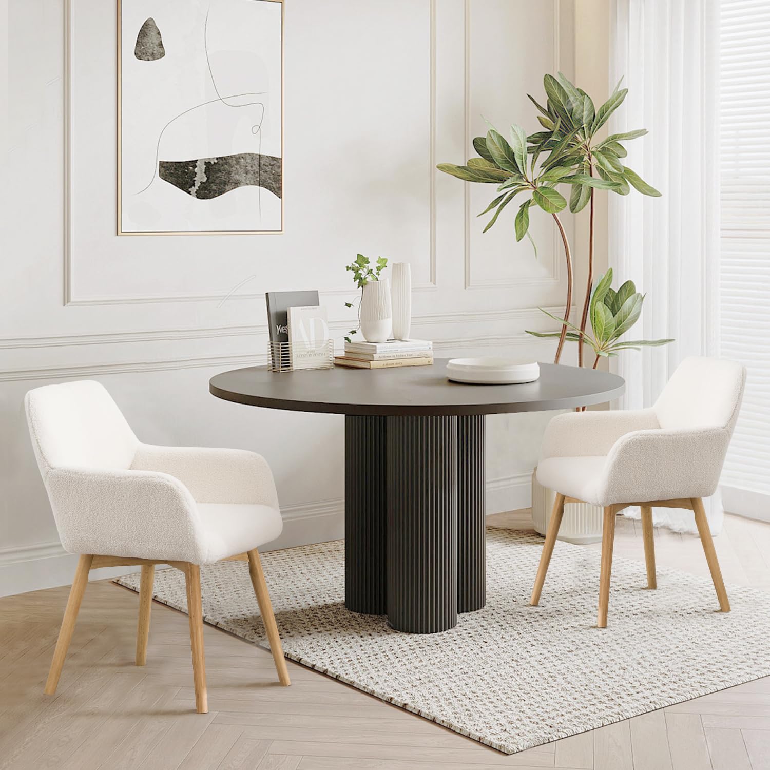 Mid Century Modern Dining Chairs Set of 2, 4, 6 - Upholstered Accent Chairs for Kitchen, Dining Room & Living Room - Comfy Wool White Armchairs for Home, Bedroom, Office & Waiting Room - No Wheels Desk Chair - Perfect for Entertaining, Relaxing & Workspaces