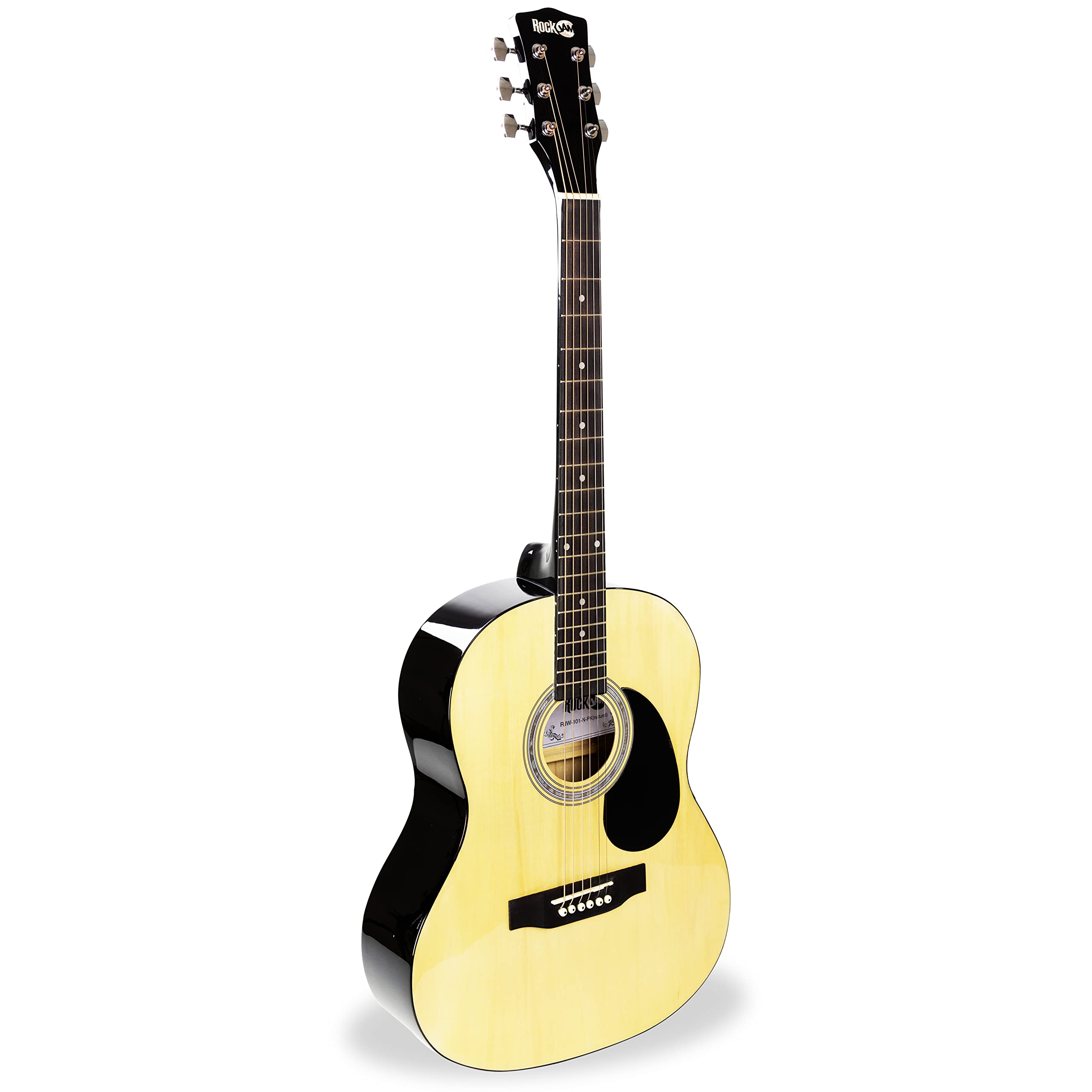 RockJam Acoustic Guitar Superkit with Stand, Gig Bag, Tuner, Picks, Strings & Online Lessons - 6-Piece Full Size Right-Handed Natural Wood Guitar Set (RJW-101-N-PK) - Perfect for Beginners, Travel & Home Practice