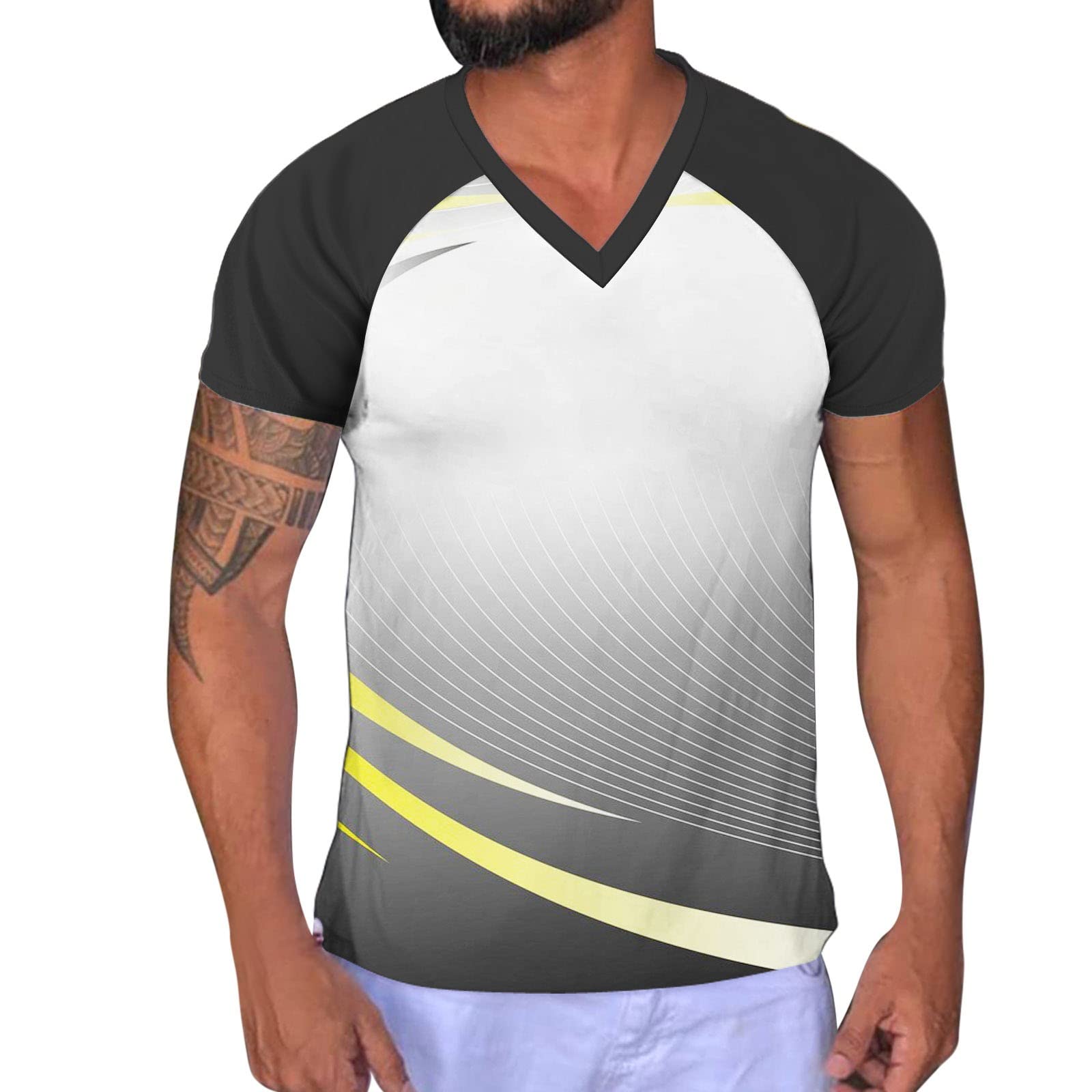 ZDDO Men's V-Neck T-Shirts | Short Sleeve Summer Gradient Patchwork Street Style | Splash-Ink Print Novelty Casual Tee | Perfect for Streetwear, Summer Outfits & Casual Daily Wear