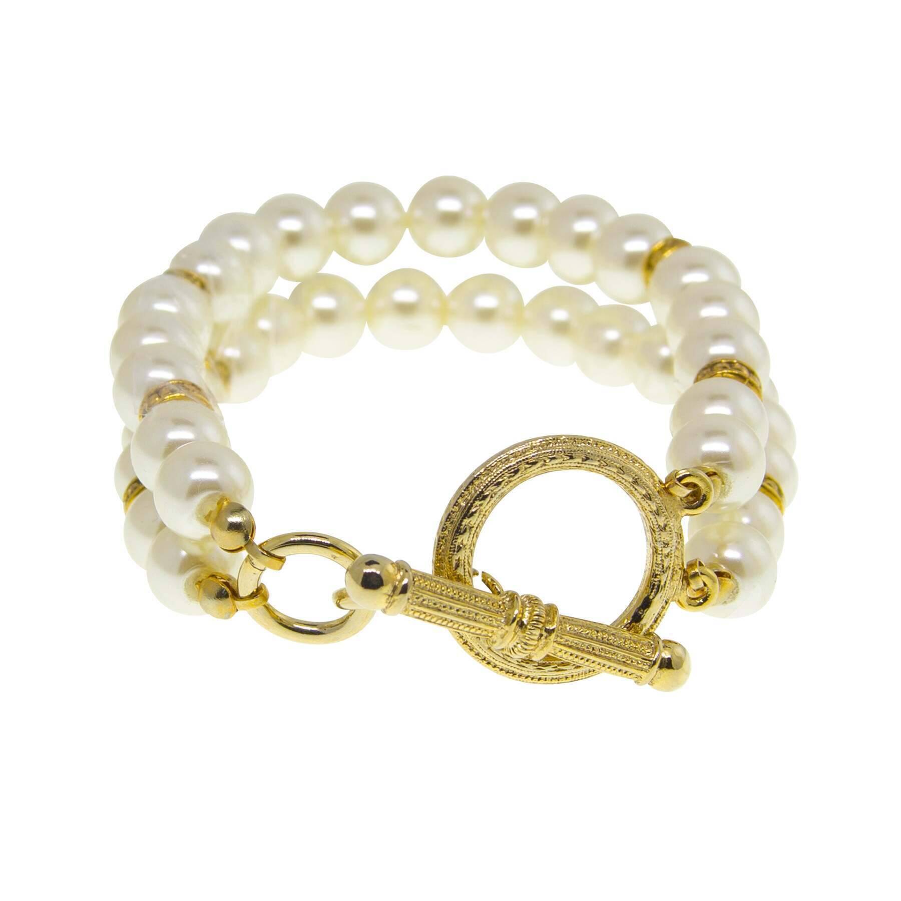 1928 Jewelry Double Strand 8mm Faux Pearl Toggle Bracelet for Women - Elegant Vintage Style Pearl Bracelet for Parties, Weddings & Special Occasions