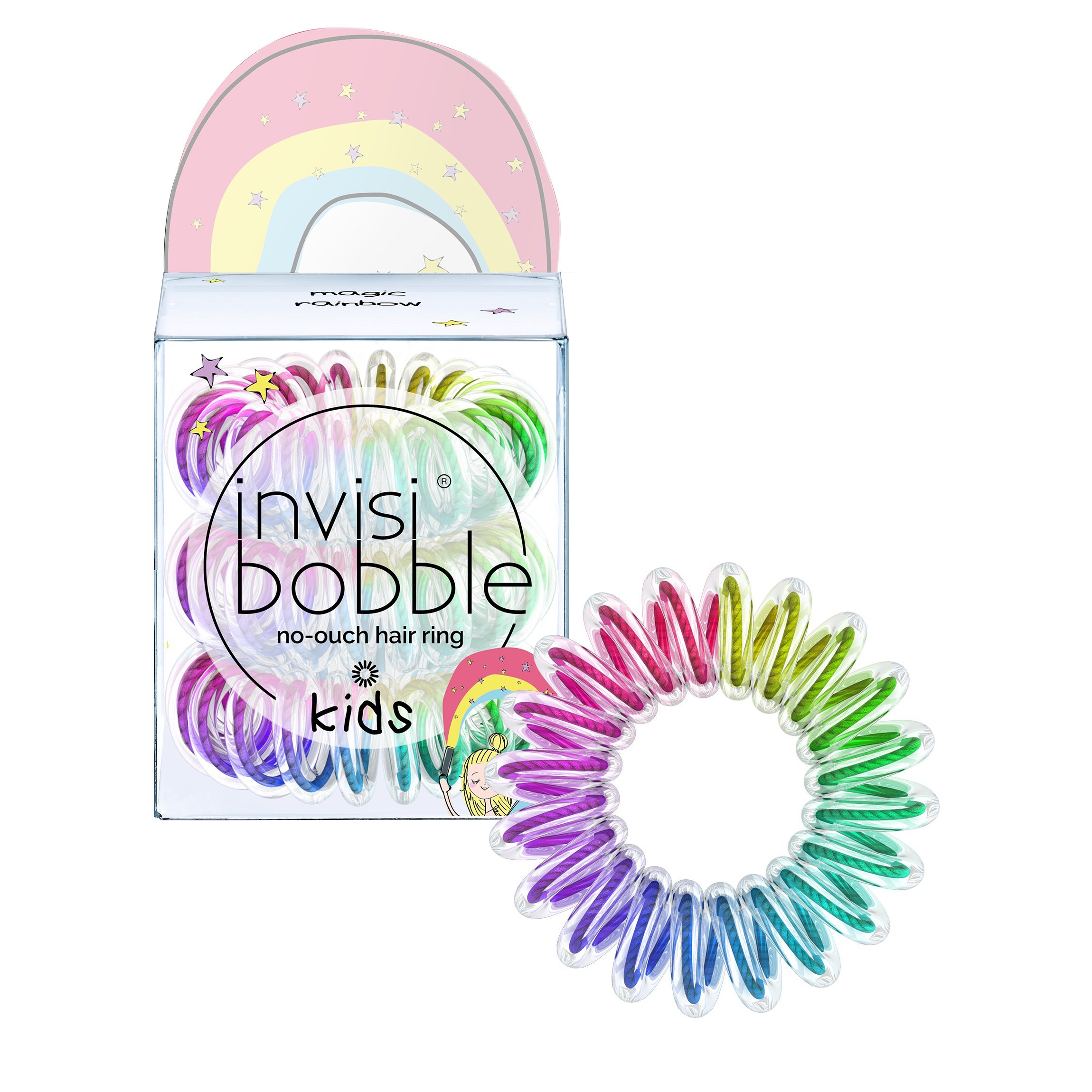 Invisibobble Kids Magic Rainbow Spiral Hair Ties - No Ouch Hair Rings for Girls & Boys (3 Pack, Colorful) - Perfect for School, Sports & Playtime
