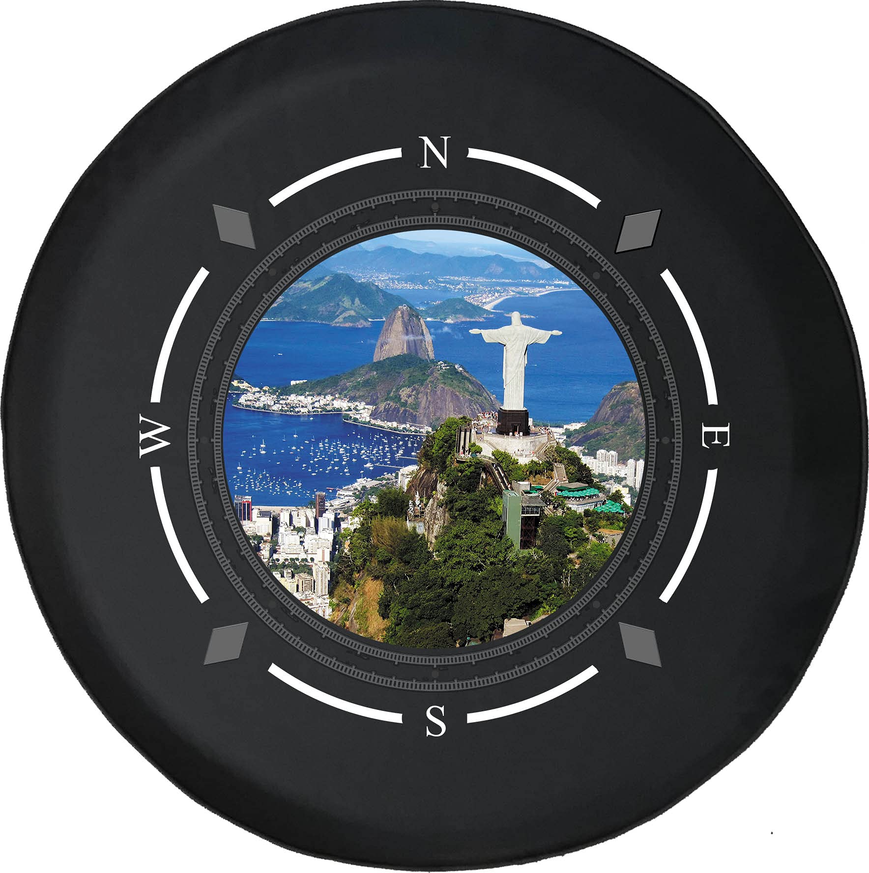 American Unlimited Spare Tire Cover with Compass - Rio de Janeiro Christ The Redeemer Design - Universal Fit for SUV, Trailer, RV & Most Vehicles - Perfect for Road Trips, Camping & Outdoor Adventures