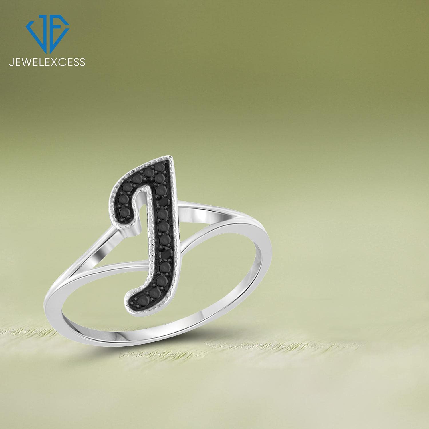 JEWELEXCESS Sterling Silver A-Z Initial Ring with Black Diamond Accent - Personalized Name Ring for Women, Perfect Gift for Birthday, Anniversary & Valentine's Day