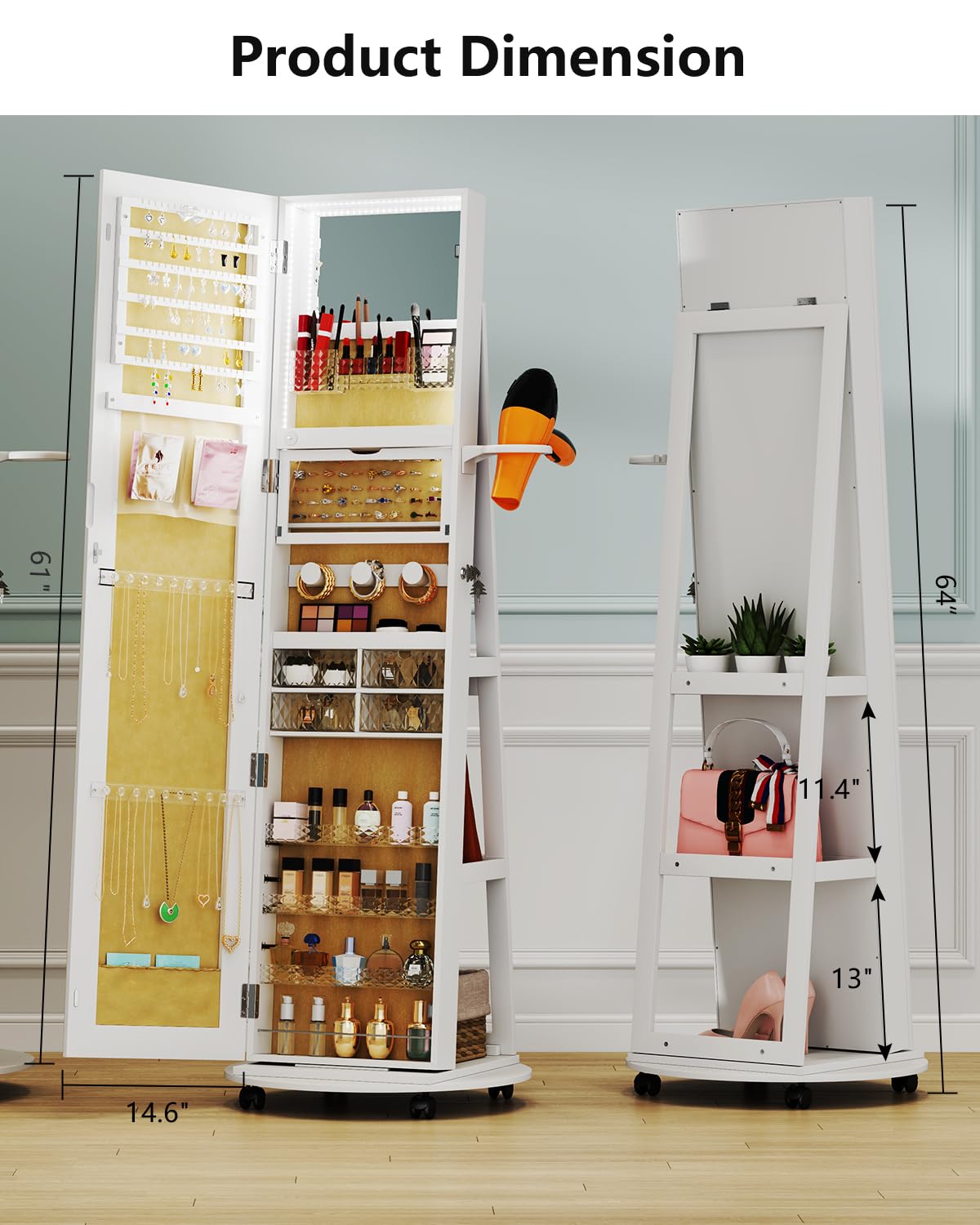 Full Length Mirror with Jewelry Storage - 360° Rotating Jewelry Armoire Organizer with LED Lights & Lockable Cabinet - Standing Jewelry Mirror for Bedroom, Dressing Room & Christmas Gifts (White)