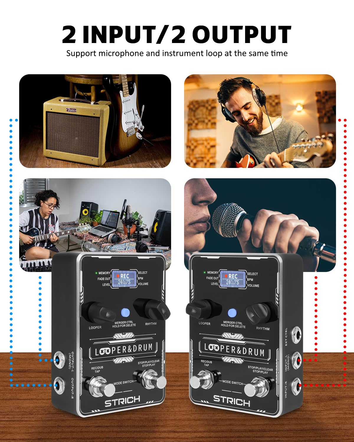 STRICH Stereo Looper Pedal with Built-in Drum Machine - 100 Drum Patterns, 160 Min Recording, USB Audio Transfer, Footswitch Control - Perfect for Guitarists, Live Performances & Music Production