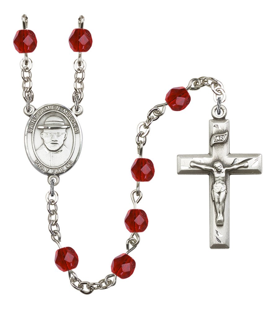 Silver Plate Rosary with 6mm Ruby Fire Polished Beads - 1 3/8 x 3/4 Inch Crucifix & St. Damien of Molokai Medal Centerpiece | Catholic Prayer Beads for Devotion, Meditation, and Religious Gifts