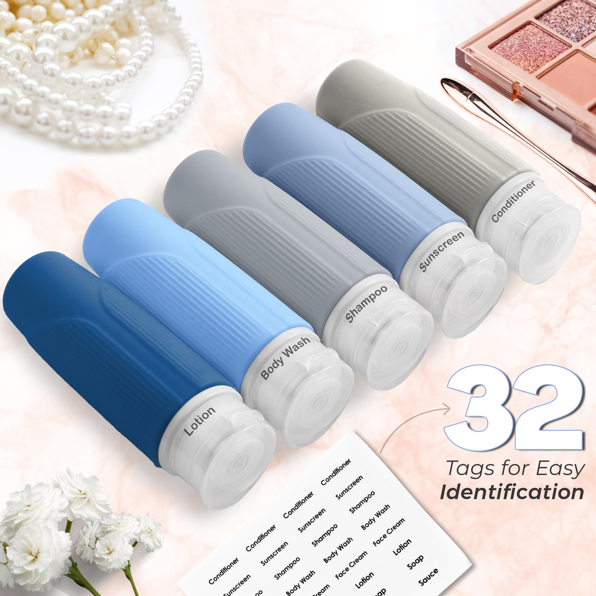 3 Oz Silicone Travel Bottles Set of 5 - TSA Approved Leak Proof Squeezable Toiletry Containers with Zipper Pouch & Labels for Shampoo, Conditioner, Lotion (Blue) - Perfect for Air Travel, Gym, Camping & Vacation Essentials