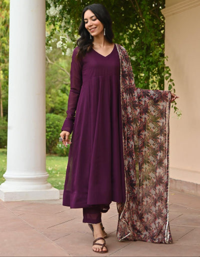 Elegant Wine Georgette Plain Anarkali Suit with Printed Dupatta - Indian Ethnic Wear for Women, Party Wear, Festive Outfit, Wedding Guest Dress, Diwali Celebration, Cultural Events