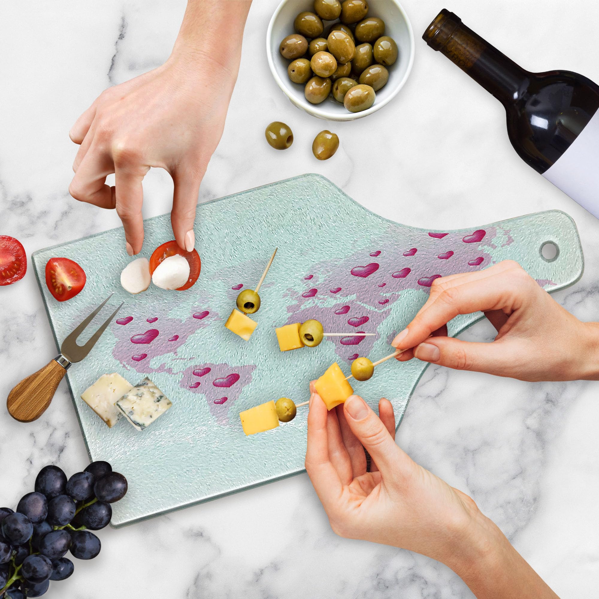 Ambesonne Cartoon Cutting Board - World Map with Hearts, Love Planet Earth Theme - Tempered Glass Serving Board for Kitchen & Dining - Wine Bottle Shape in Pale Pink & Fuchsia - Perfect for Charcuterie, Cheese, and Party Appetizers