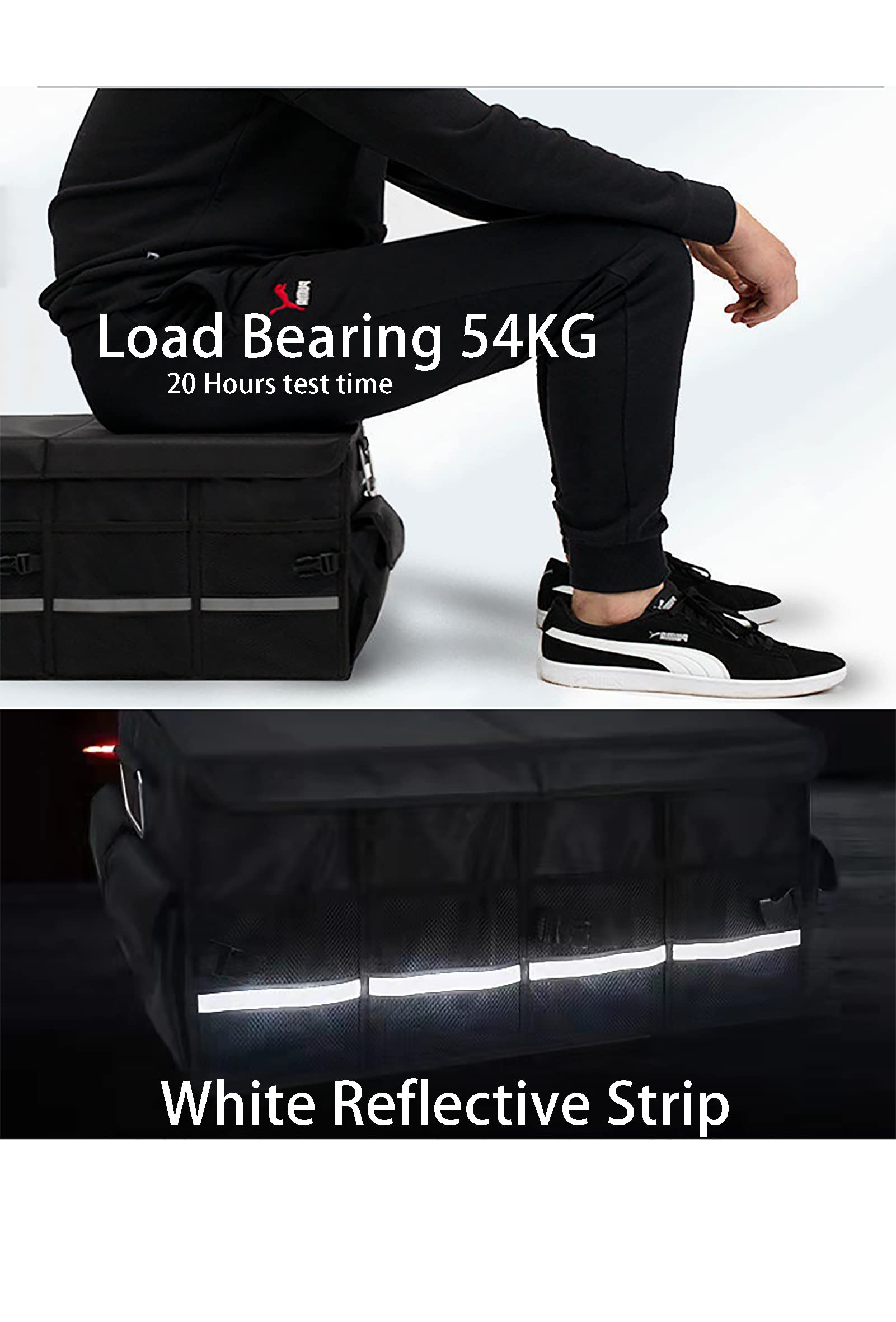 Collapsible SUV Trunk Organizer with Aluminum Alloy Handle & Reflective Strip - Multi-Compartment Car Storage Solution for Travel, Groceries, and Road Trips