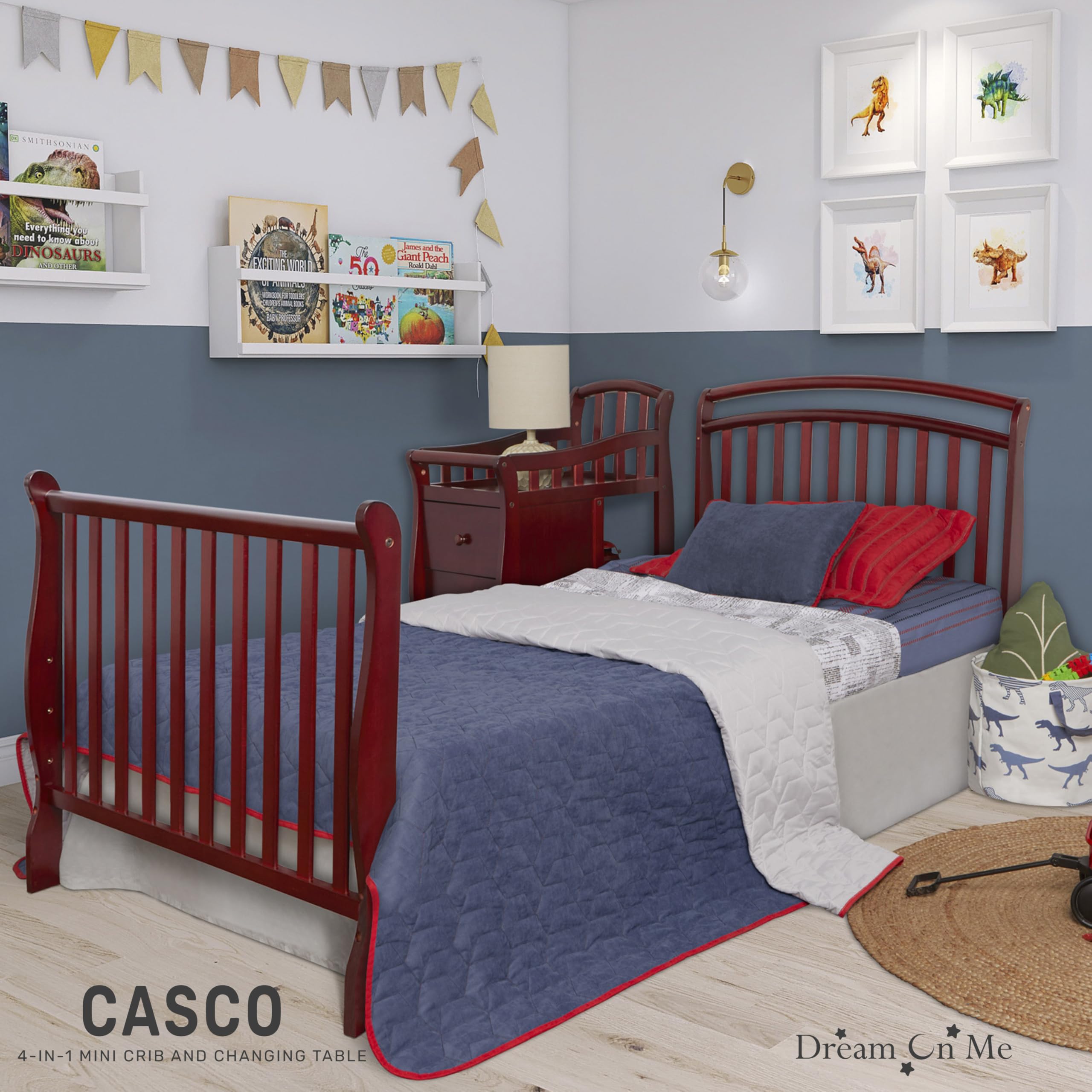 Dream On Me Casco 3-in-1 Convertible Mini Crib with Changing Table - Cherry Finish Pinewood Baby Crib with 3 Adjustable Mattress Heights | Nursery, Bedroom & Small Space Solution