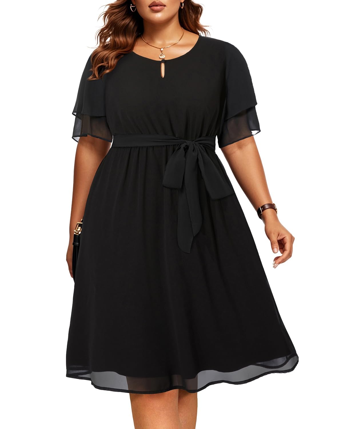 Plus Size Cocktail Dress for Women - Elegant Chiffon Semi-Formal Wedding Guest Dress with Keyhole Neckline | Perfect for Parties, Bridal Showers & Evening Events