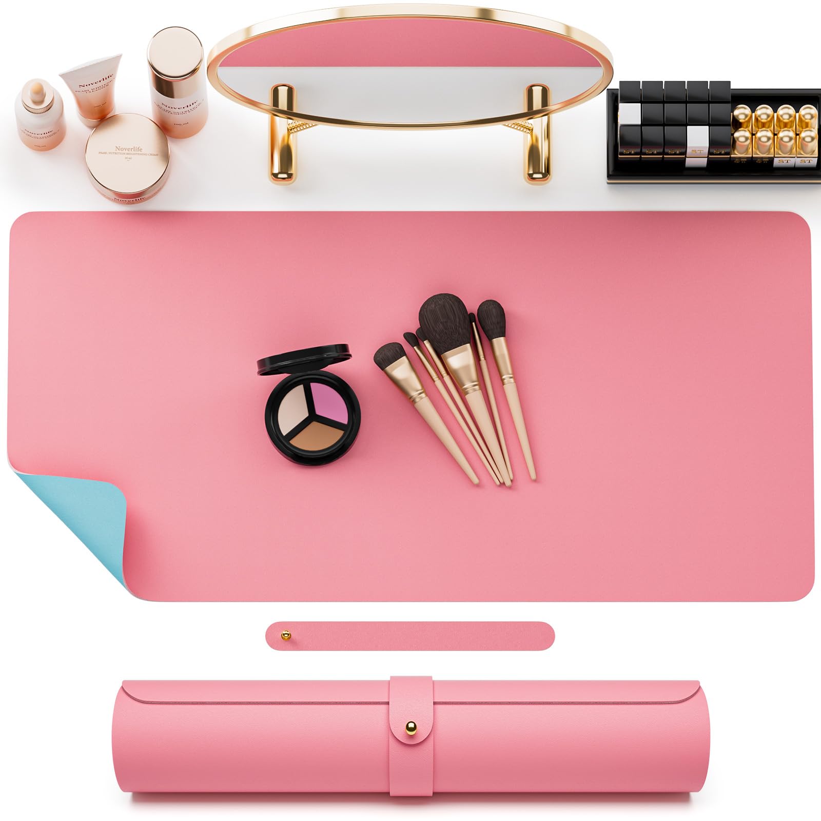 **Noverlife Double-Sided Waterproof Vanity Mat - 23.62x11.81in Blue & Pink Makeup Table Cover, Craft & Nail Art Hand Rest Pad, Laptop Desk Protector for Dressing Table & Beauty Station**    *(Perfect for makeup application, nail art, crafting, and protecting desks from spills & scratches!)*