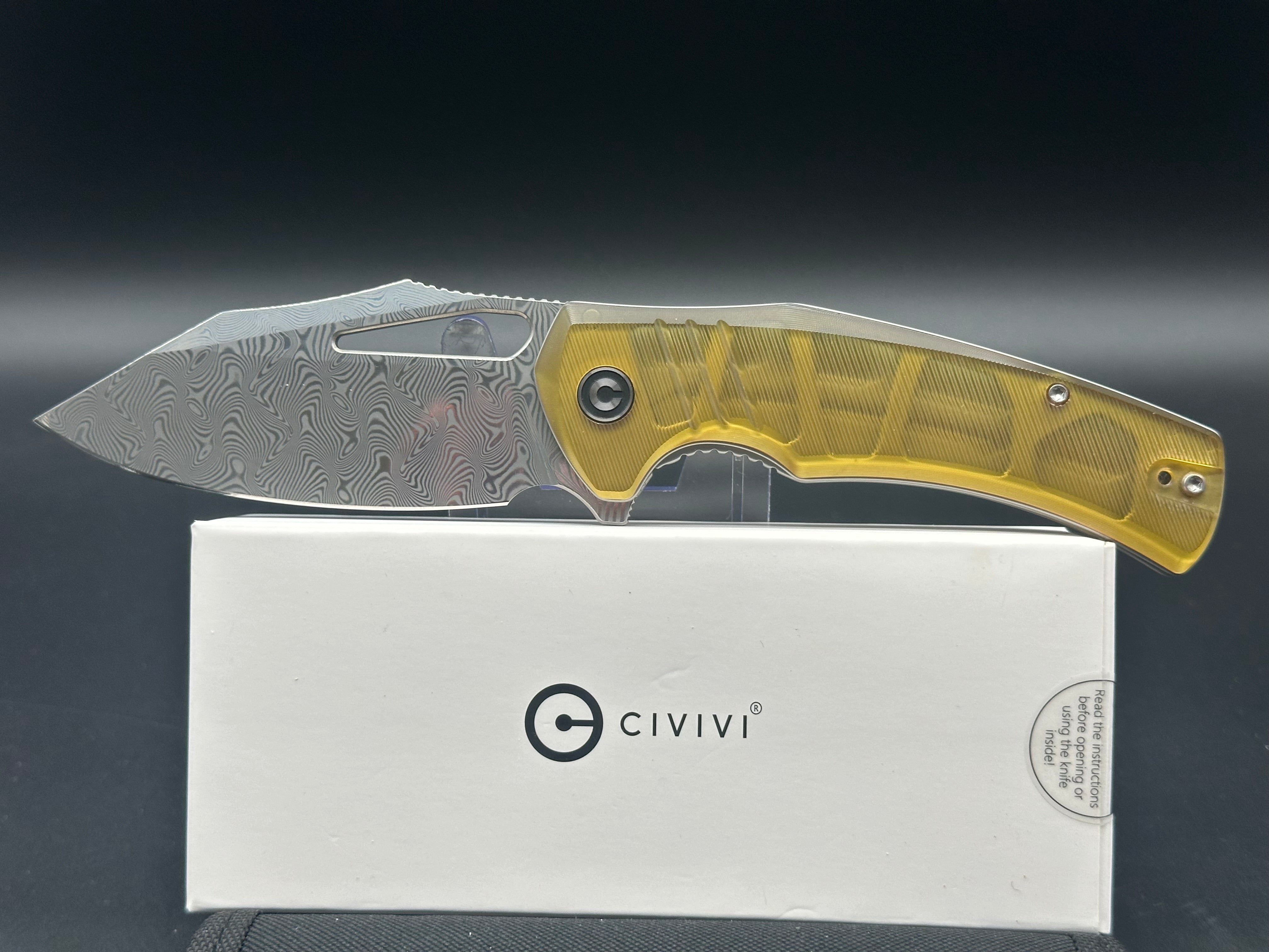 CIVIVI Bulltusk Folding Knife - Polished Ultem Handle, Damascus Steel Blade, Clip Point Design - Perfect for EDC, Outdoor Adventures, and Collectors