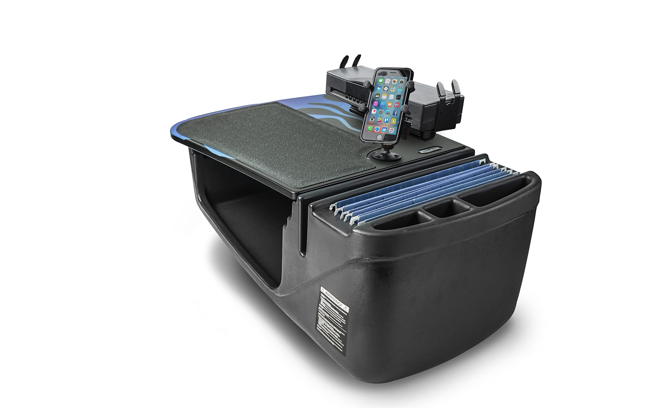 AutoExec AUE05900 Efficiency GripMaster Car Desk - Blue Steel Flames Design with Phone Mount & Printer Stand | Portable Laptop Workstation for Truck Drivers, Remote Workers & Business Professionals