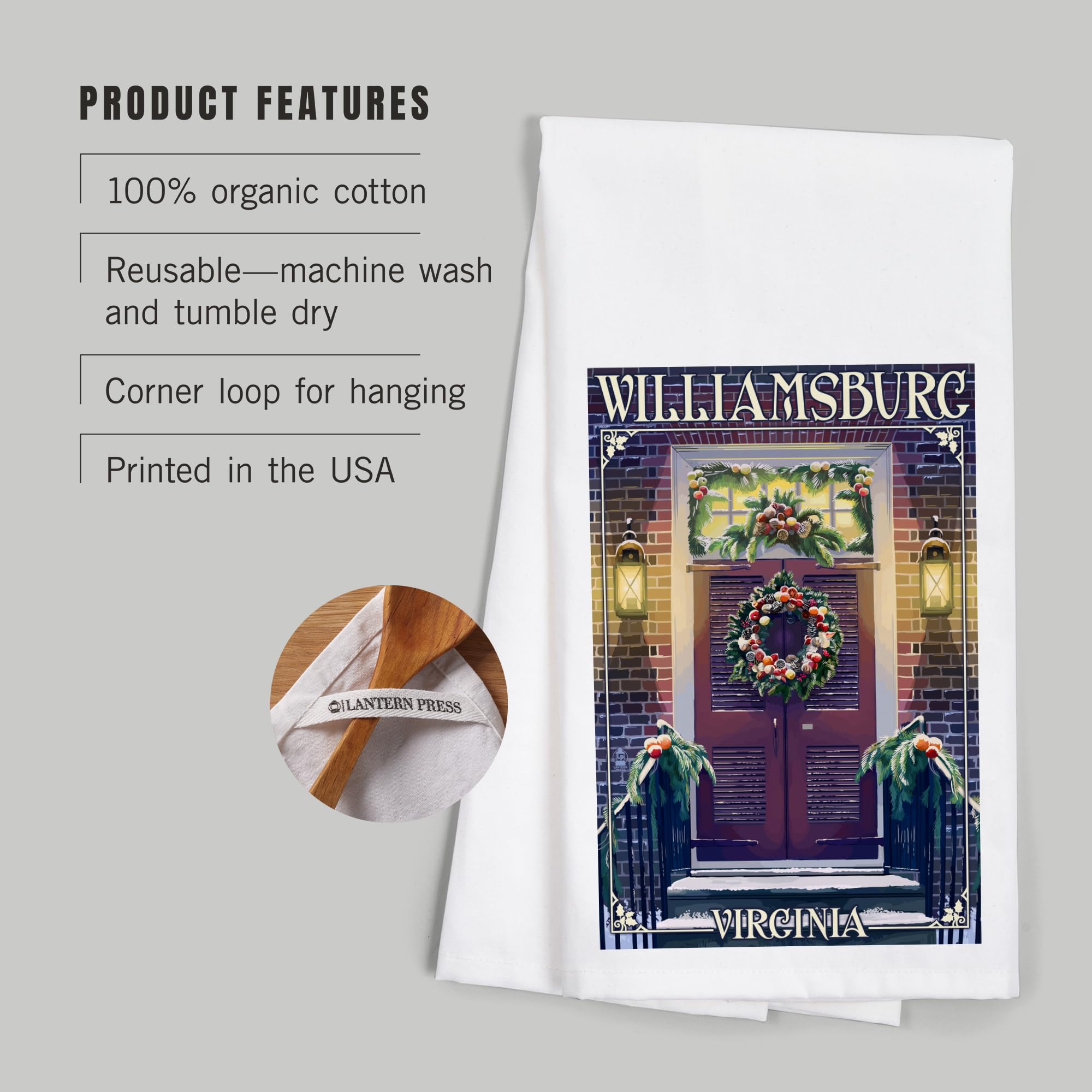 Lantern Press Williamsburg Virginia Christmas Door Cotton Tea Towel - 100% Cotton Decorative Hand Towel for Kitchen, Home Decor & Holiday Gift - Perfect for Christmas Decorations, Hostess Gifts & Cozy Farmhouse Style