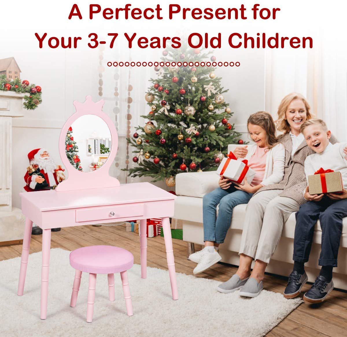 GOFLAME Pink Wooden Princess Vanity Set for Girls - Kids Dressing Table with Real Mirror, Makeup Play Set, Pull-Out Drawer & Cushioned Stool - Perfect for Pretend Play, Birthday Gifts & Bedroom Decor