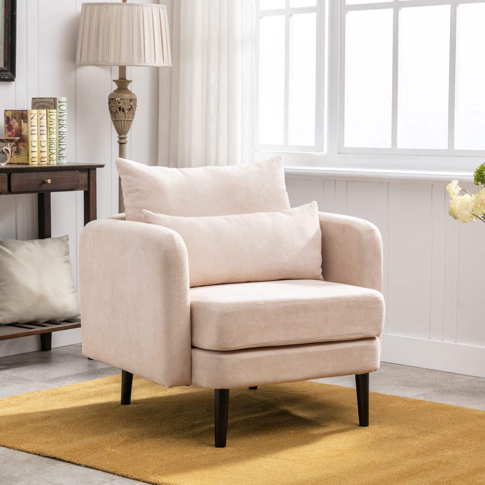 Modern Fabric Accent Armchair - High Back Comfy Single Sofa Chair with Solid Wood Legs & Pillow - Living Room, Bedroom, Reading Room Seating - Beige Upholstered Lounge Chair for Relaxing & Home Decor